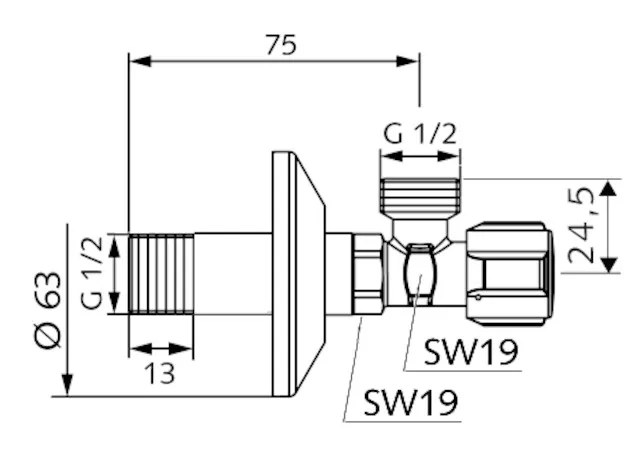 Eckventil mit Regulierfunktion COMFORT, COMFORT-Griff, Schubrosette Ø 63 mm, DN 15 G 1/2 AG, DN 15 G 1/2 AG, chrom
