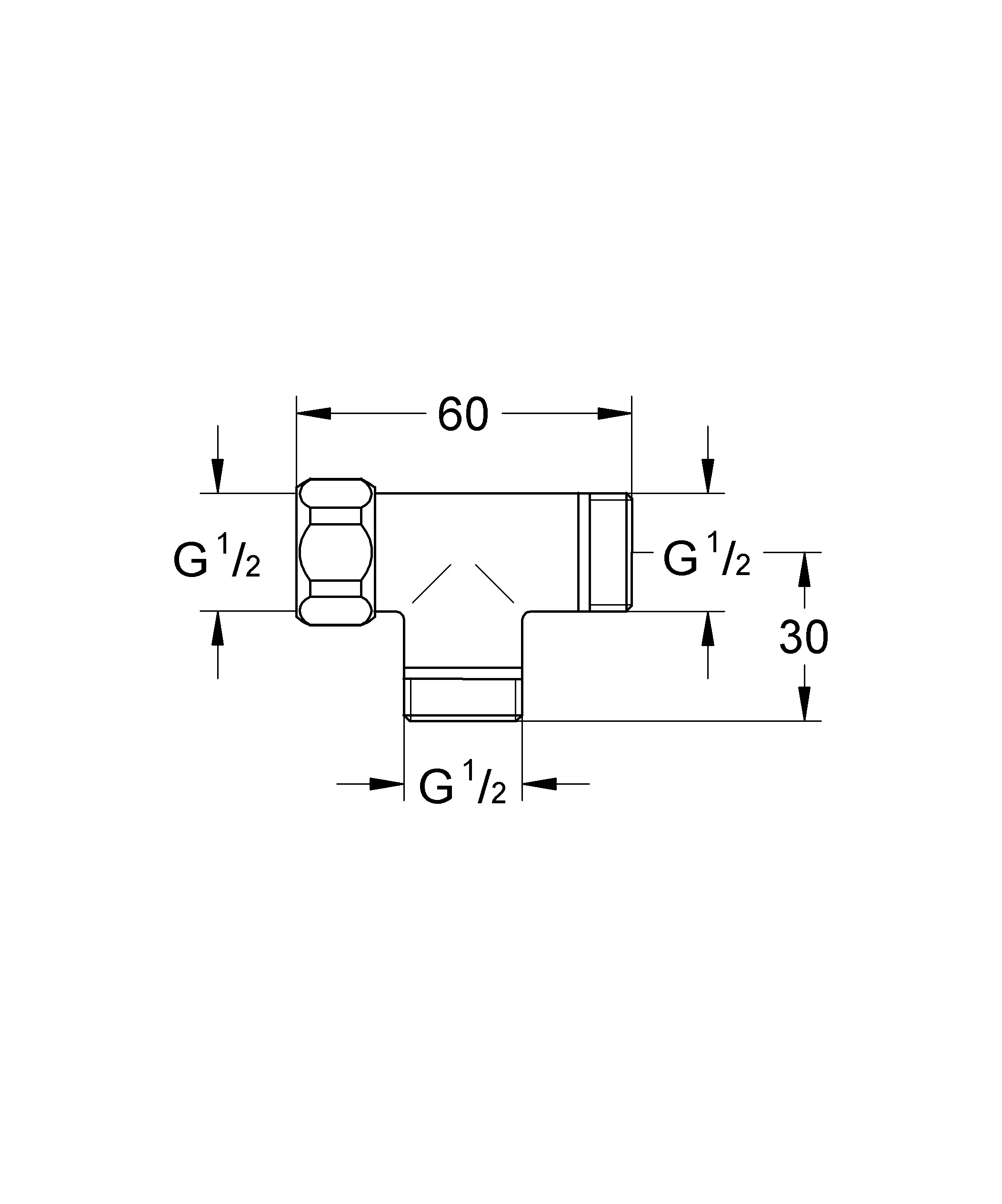 T-Stück 1/2'' 28874, zum Anschluss an Brause- und Wannenbatterie, chrom