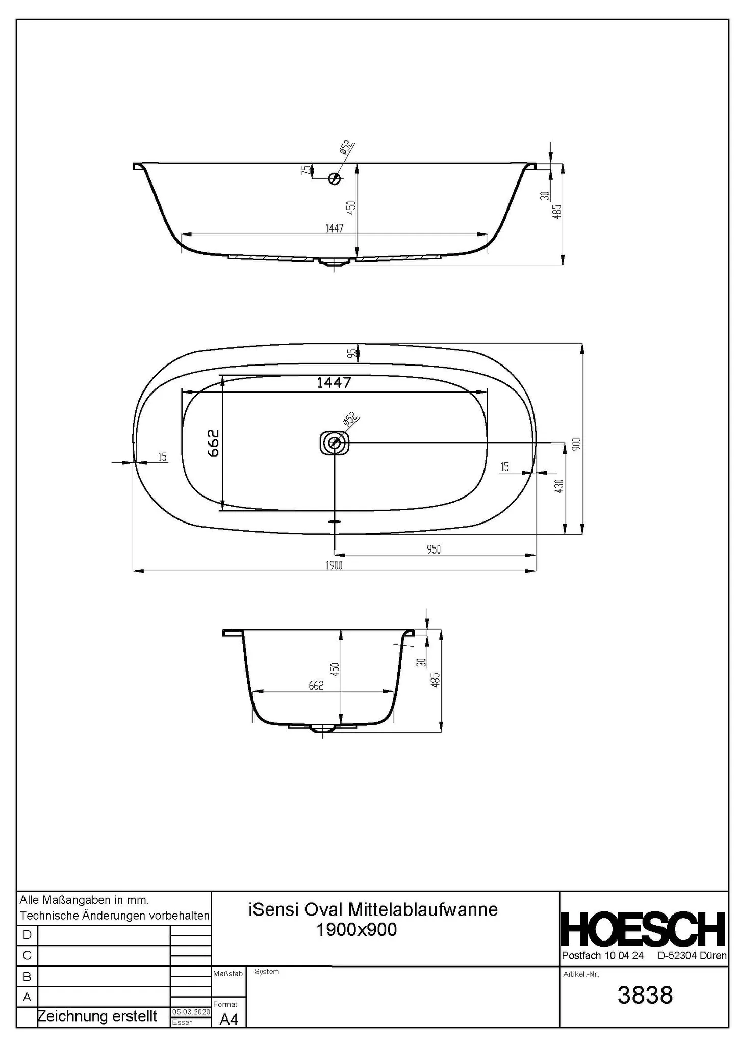 Hoesch Badewanne „iSensi“ oval 1900 × 900 mm