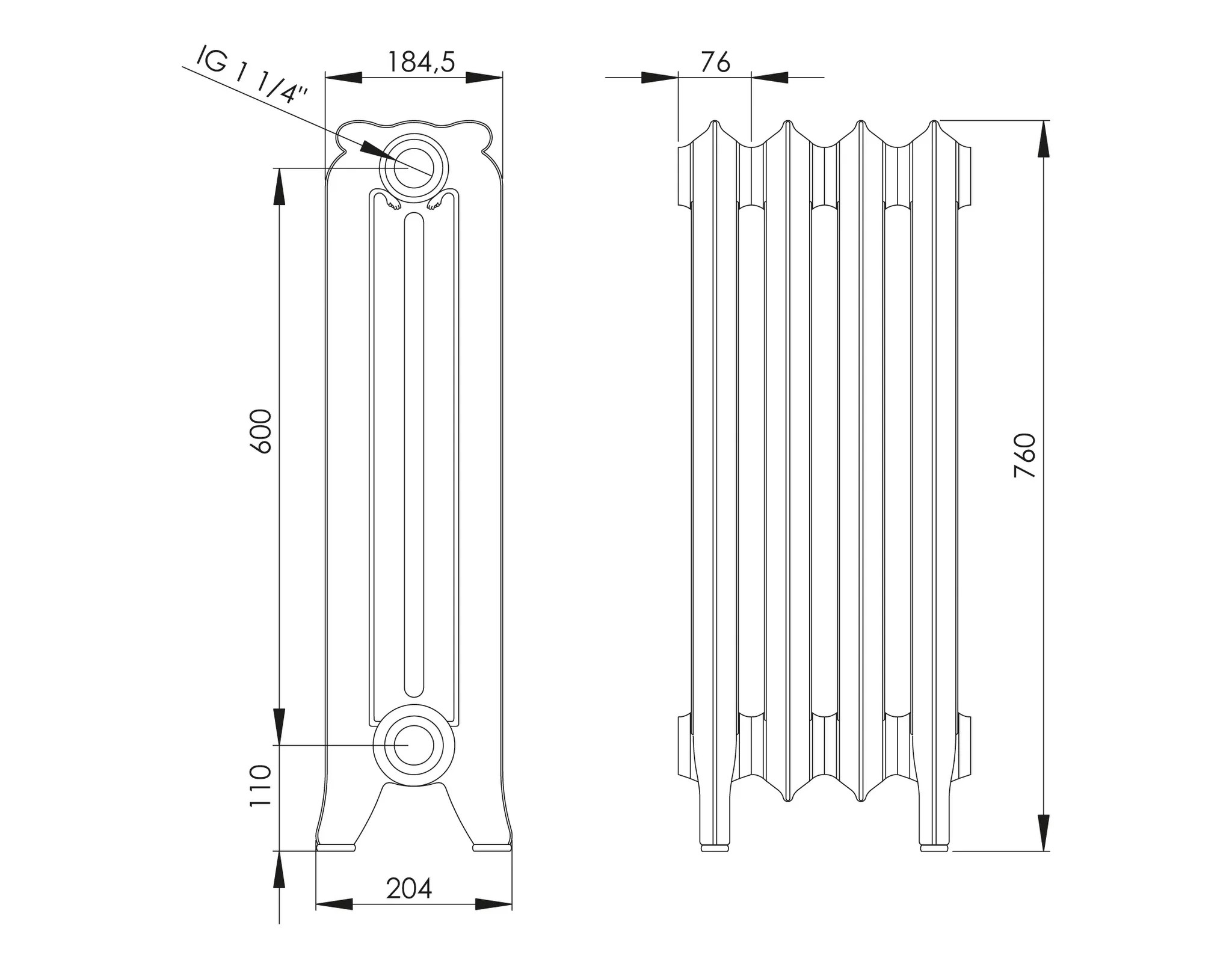 ASW Gussradiator 1 Glied Nabenabstand 600 mm „Kopenhagen“ 7,6 × 76 × 18 cm