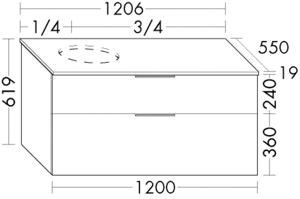 Waschtischunterschrank Eqio von burgbad – in Frontfarbe, 1.206 mm breit, 619 mm hoch, mit 1 Schublade (350 mm tief), 1 Auszug (420 mm tief), inkl. Metallkonsolen