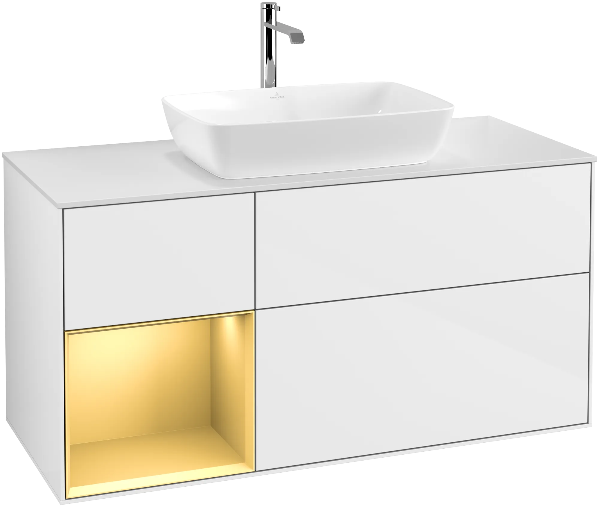 Villeroy & Boch Waschbeckenunterschrank Finion F82, 1200x603x501mm, mit Beleuchtung, 3 Auszüge, Glossy White Lacquer / Gold Matt Lacquer / Glass White