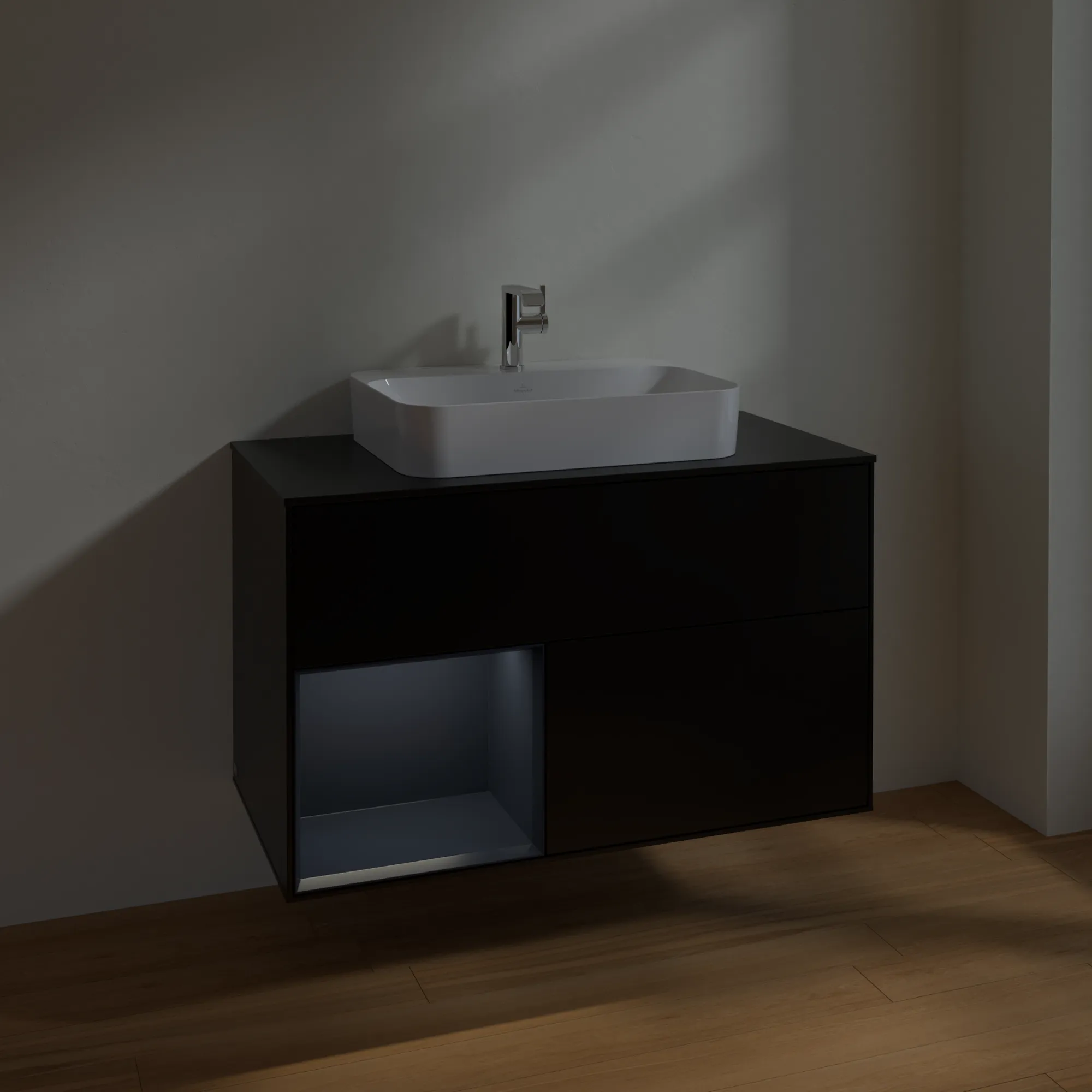Villeroy & Boch Waschbeckenunterschrank Finion F36, 1000x603x501 mm, Black Matt Lacquer mit Midnight Blue Regal, Beleuchtung dimmbar, SoftClosing, Push-to-Open Villeroy & Boch Waschbeckenunterschrank Finion F36, 1000x603x501 mm, Black Matt Lacquer mit Midnight Blue Regal, Beleuchtung dimmbar, SoftClosing, Push-to-Open