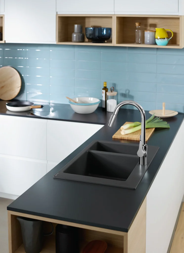 Hansgrohe Einbauspüle S51 Serie, Graphitschwarz, 750 x 490 mm Ausschnitt, Aufbau, 80 cm Unterschrank, 1 Hauptbecken + 1 Zusatzbecken Hansgrohe Einbauspüle S51 Serie, Graphitschwarz, 750 x 490 mm Ausschnitt, Aufbau, 80 cm Unterschrank, 1 Hauptbecken + 1 Zusatzbecken