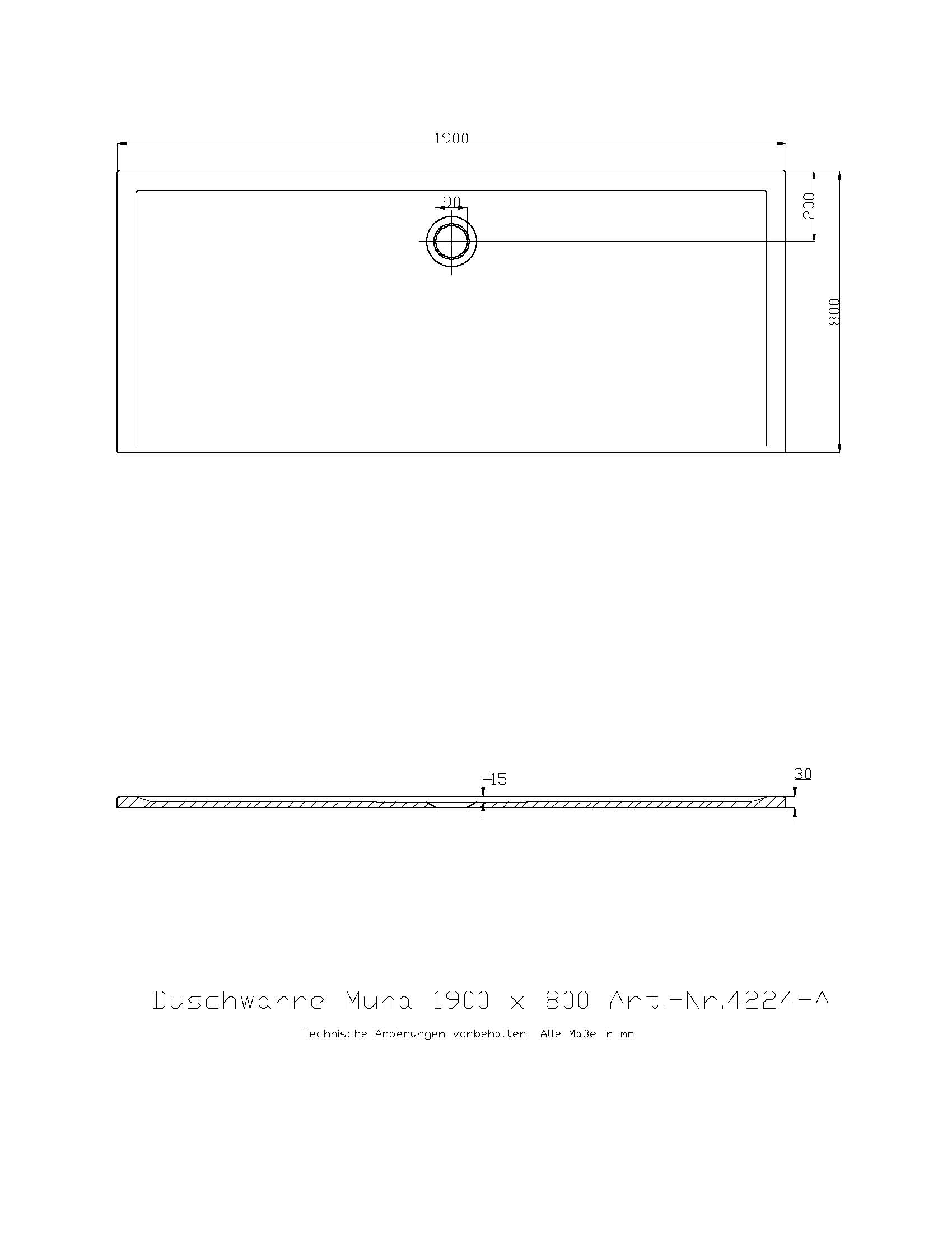 Duschwanne „Muna“ Rechteck 190 × 80 cm in Weiß