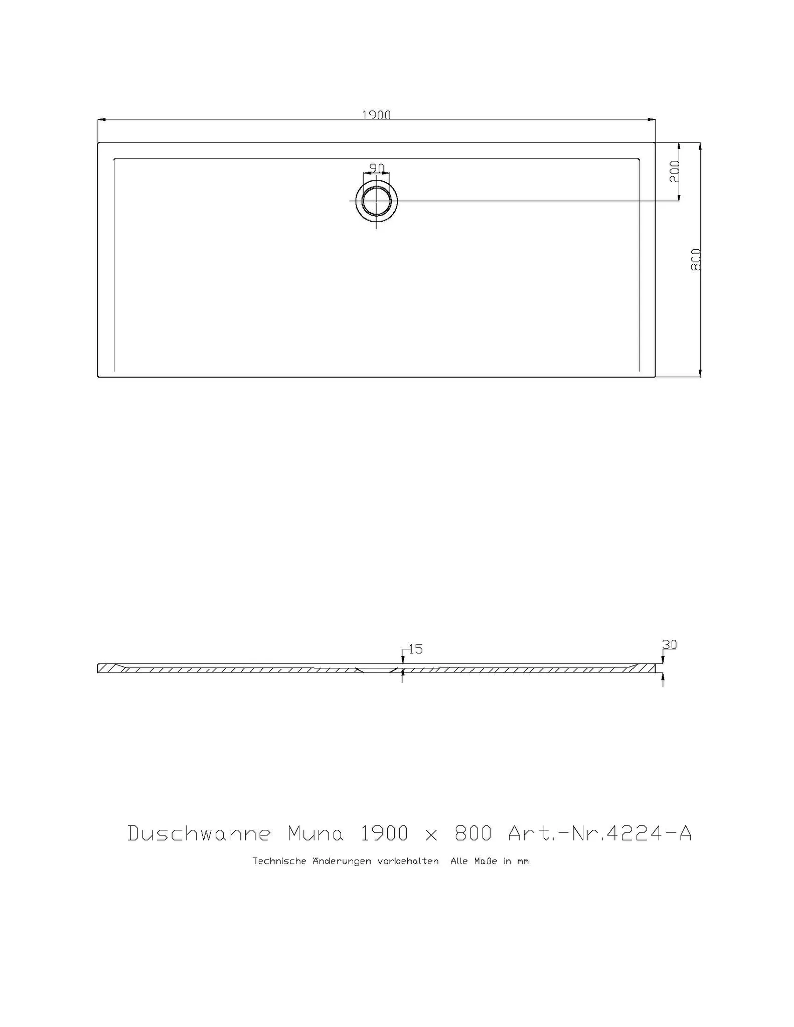 Duschwanne „Muna“ Rechteck 190 × 80 cm in Schiefergrau Duschwanne „Muna“ Rechteck 190 × 80 cm in Schiefergrau