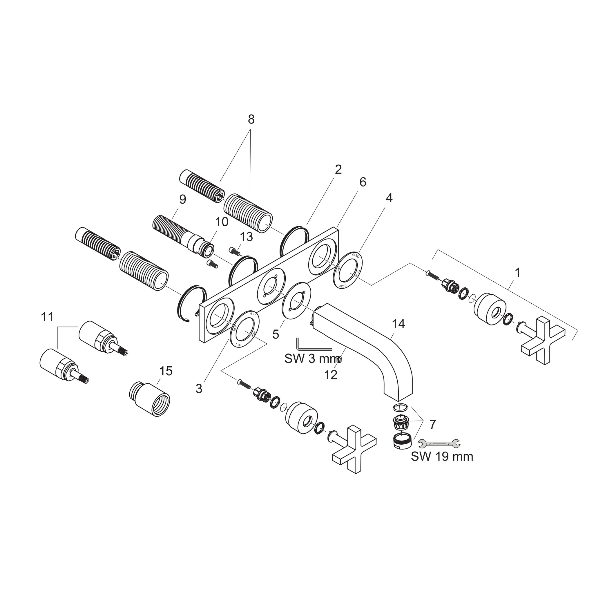 3-Loch Waschtischarm.Axor Citterio Wand F-Set lang chrom m.Platte/Kreuzgr. 3-Loch Waschtischarm.Axor Citterio Wand F-Set lang chrom m.Platte/Kreuzgr.