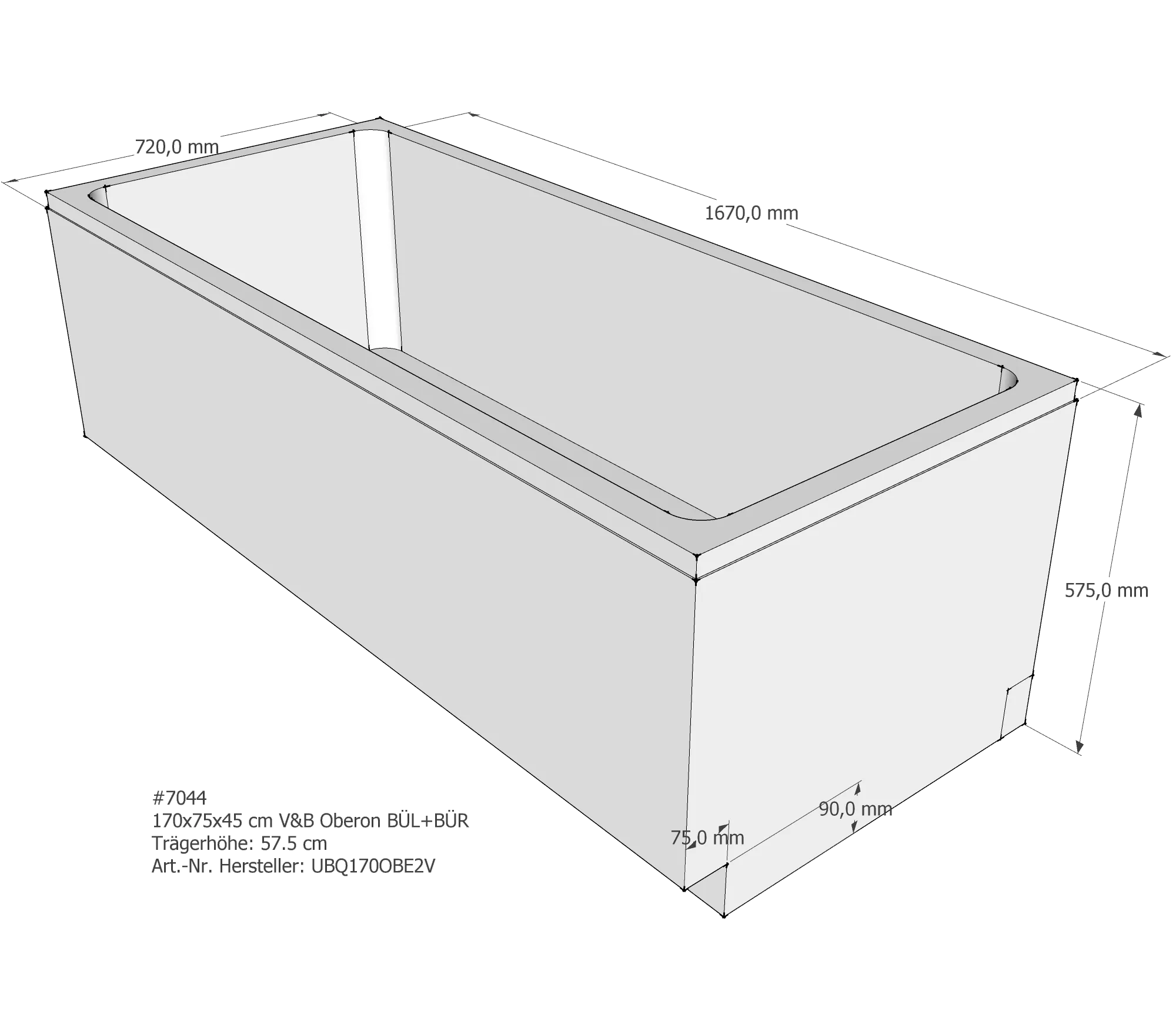 Badewannenträger für Villeroy & Boch Oberon 170 × 75 × 45 cm Breite: 75 cm / Höhe: 45 cm / Länge: 170 cm