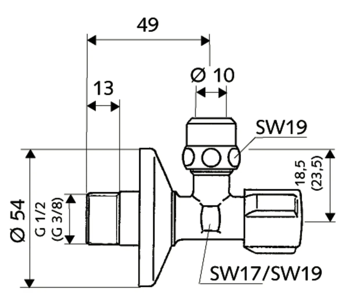 Eckventil mit Regulierfunktion COMFORT, COMFORT-Griff, Schubrosette Ø 54 mm, DN 10 G 3/8 AG, Ø 10 mm (DN 10 G 3/8 AG), chrom