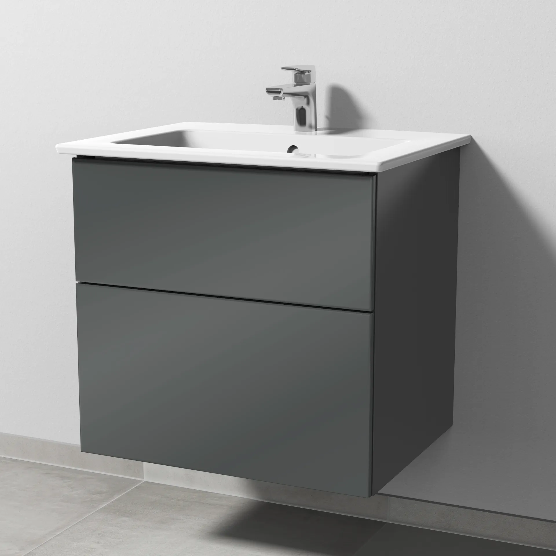 Keramik-Waschtisch-Set mit Waschtischunterschrank „3way“ 60,5 × 47,7 × 59,1 cm in Anthrazit (glanz), mit Hahnlochbohrung, Becken mittig Keramik-Waschtisch-Set mit Waschtischunterschrank „3way“ 60,5 × 47,7 × 59,1 cm in Anthrazit (glanz), mit Hahnlochbohrung, Becken mittig