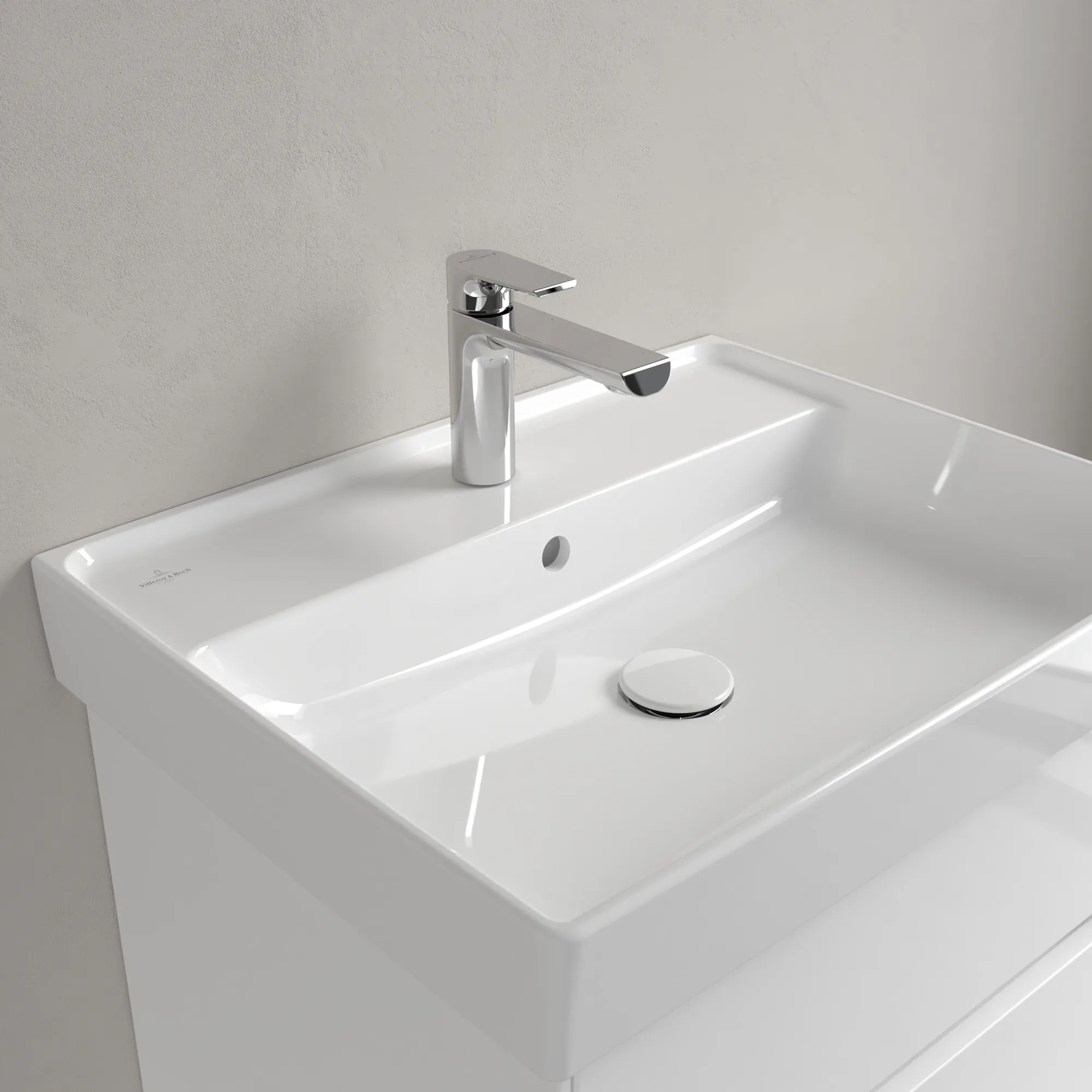Villeroy & Boch Wandwaschtisch aus TitanCeram „Collaro“ 600 × 470 × 160 mm, mit Hahnlochbohrung, Hahnlochposition mittig in Weiß Alpin