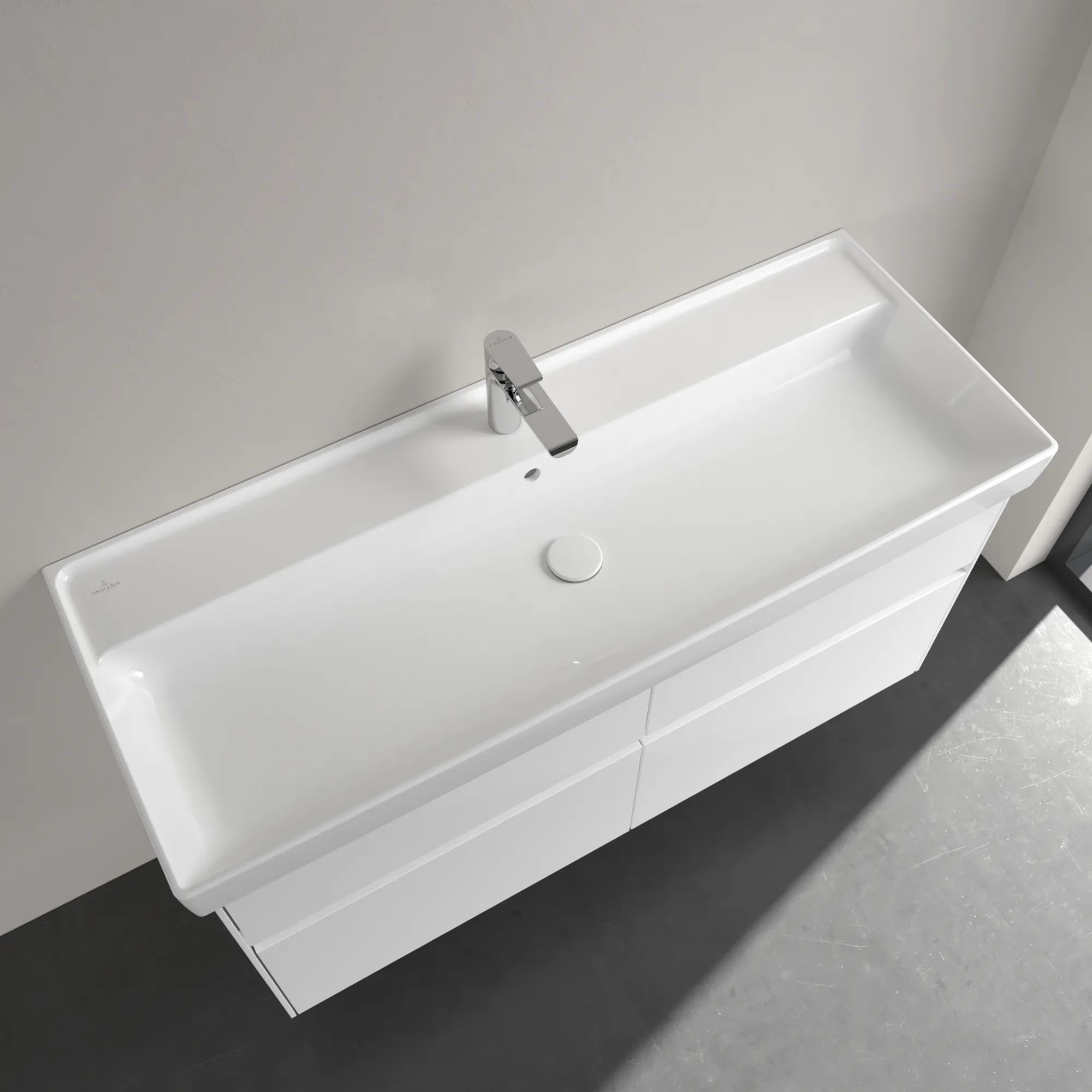 Villeroy & Boch Schrankwaschtisch aus TitanCeram „Collaro“ 1200 × 470 × 160 mm, mit Hahnlochbohrung, Hahnlochposition mittig in Weiß Alpin Villeroy & Boch Schrankwaschtisch aus TitanCeram „Collaro“ 1200 × 470 × 160 mm, mit Hahnlochbohrung, Hahnlochposition mittig in Weiß Alpin