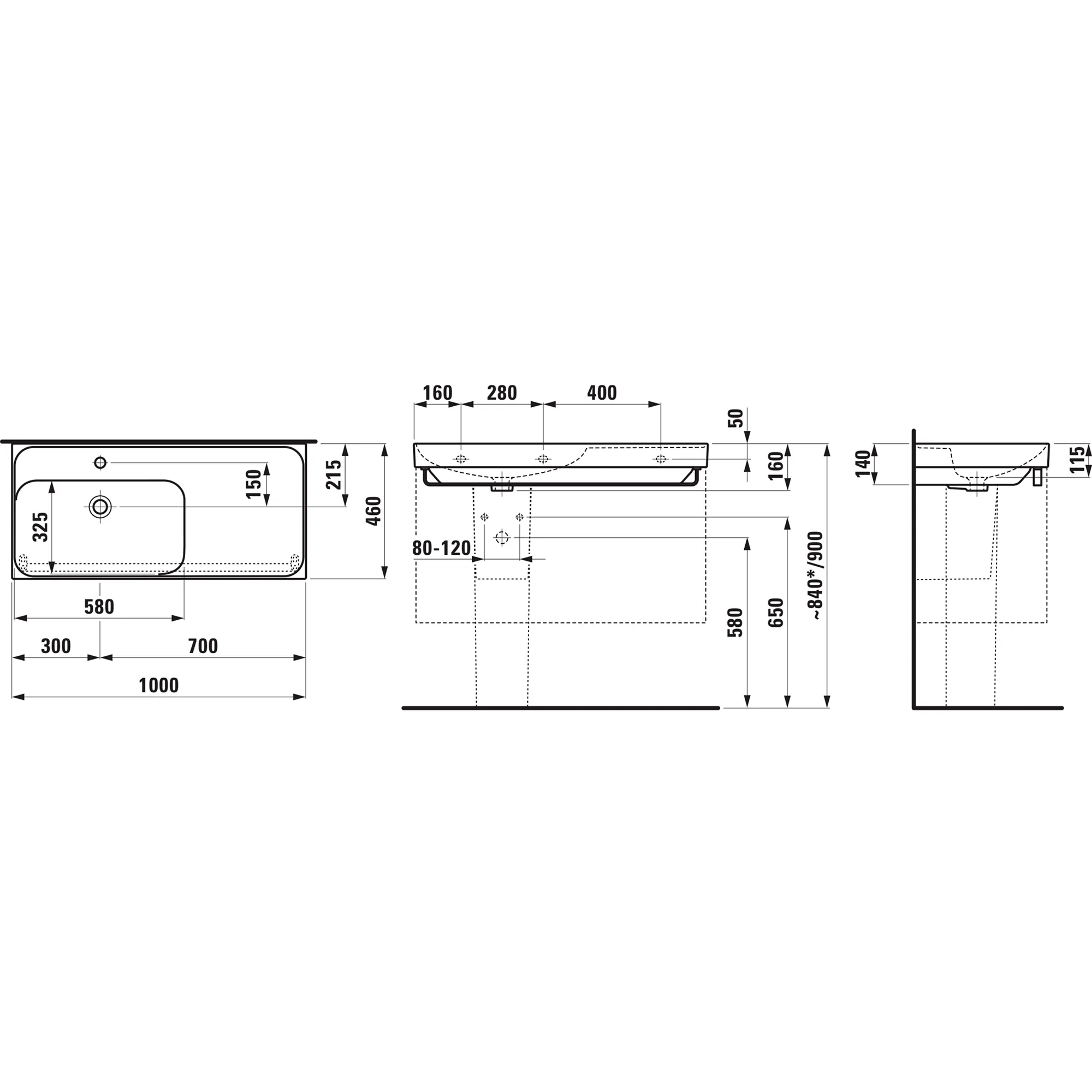 Waschtisch MEDA 460x1000x160 Ablage rechts 1 Hahnloch mit Überlauf Weiß