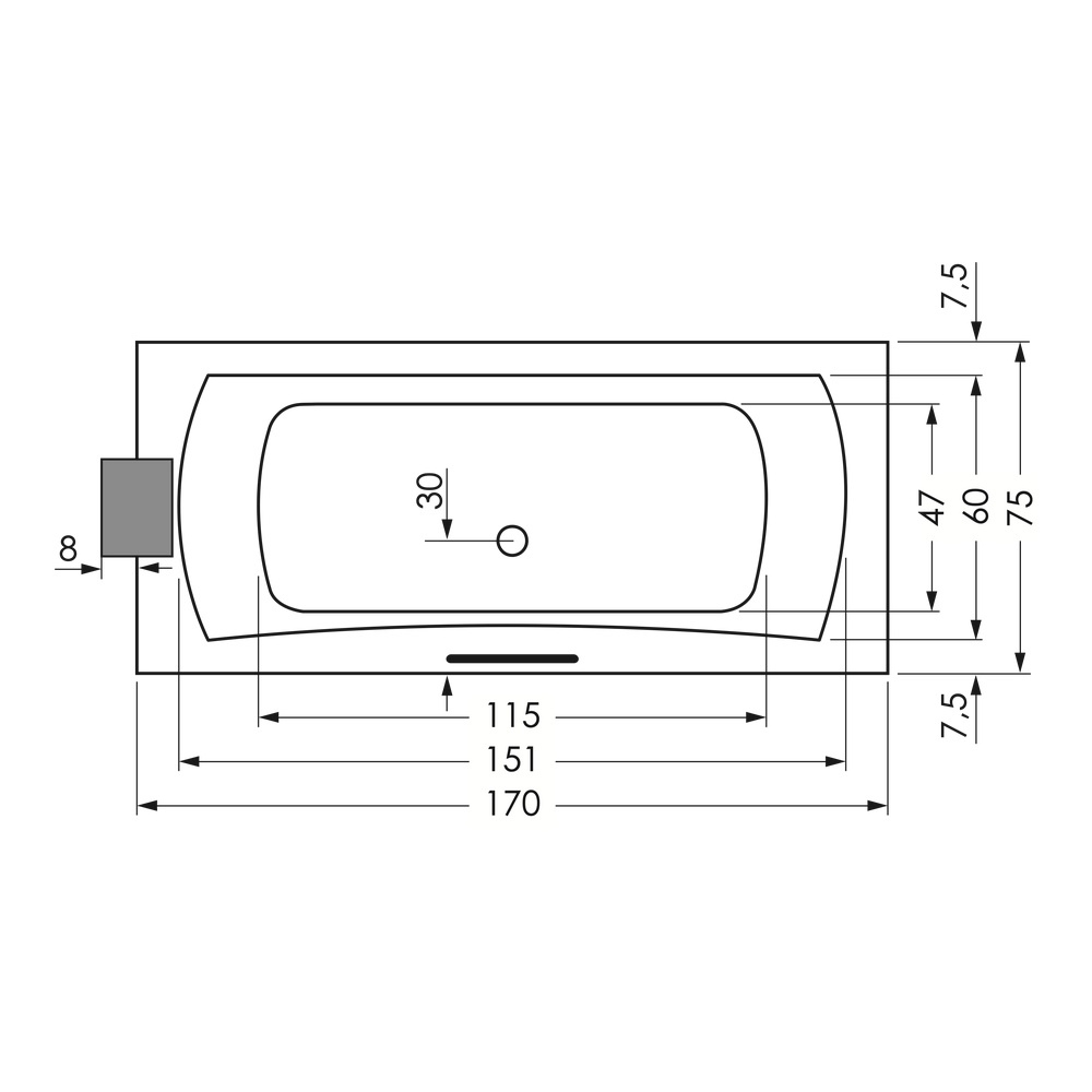 repaBAD Badewanne „Arosa“ rechteck 1700 × 750 mm, Mittelablauf in Weiß repaBAD Badewanne „Arosa“ rechteck 1700 × 750 mm, Mittelablauf in Weiß