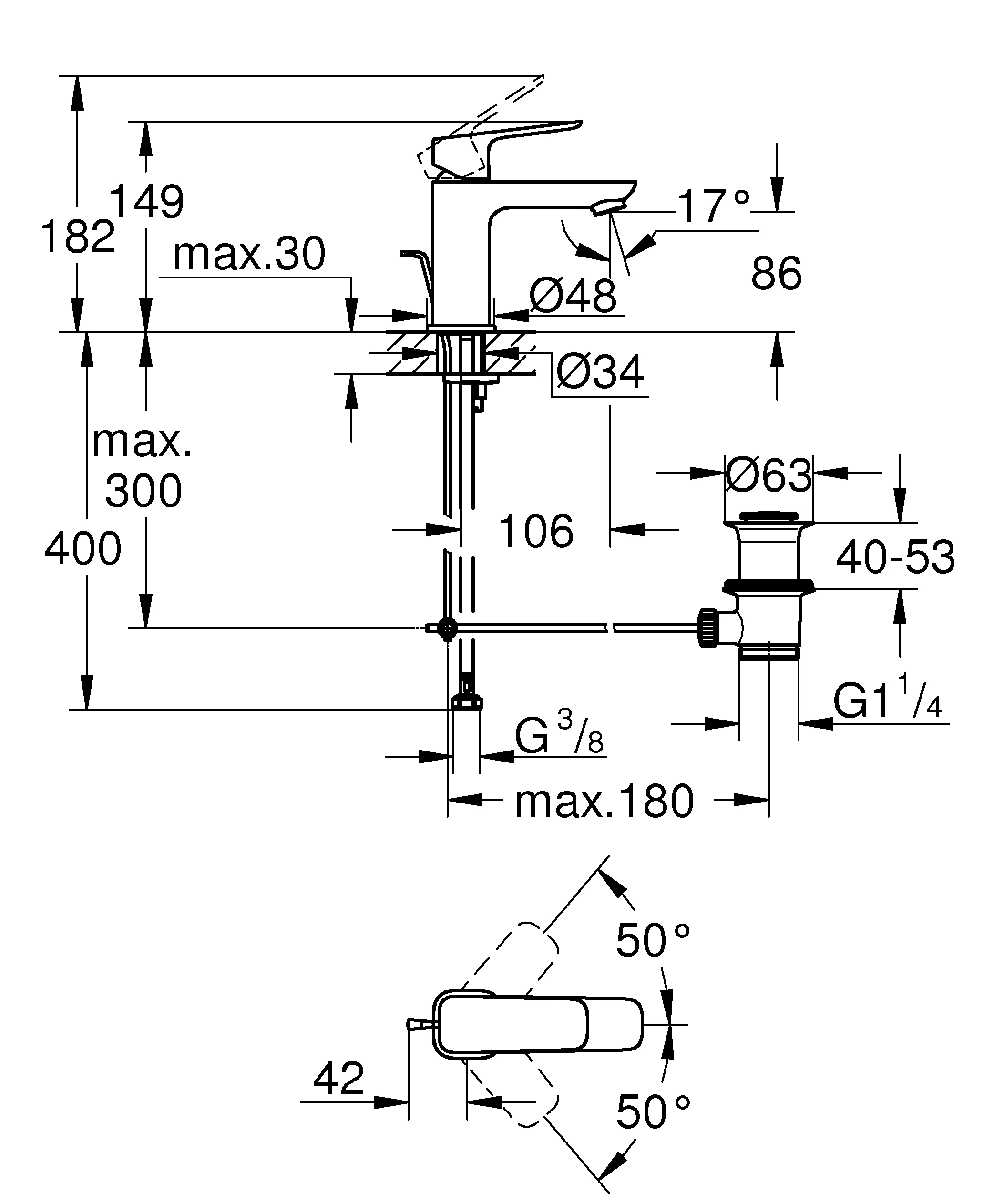 Einhand-Waschtischbatterie Cubeo 101694, S-Size, Zugstangen-Ablaufgarnitur, chrom