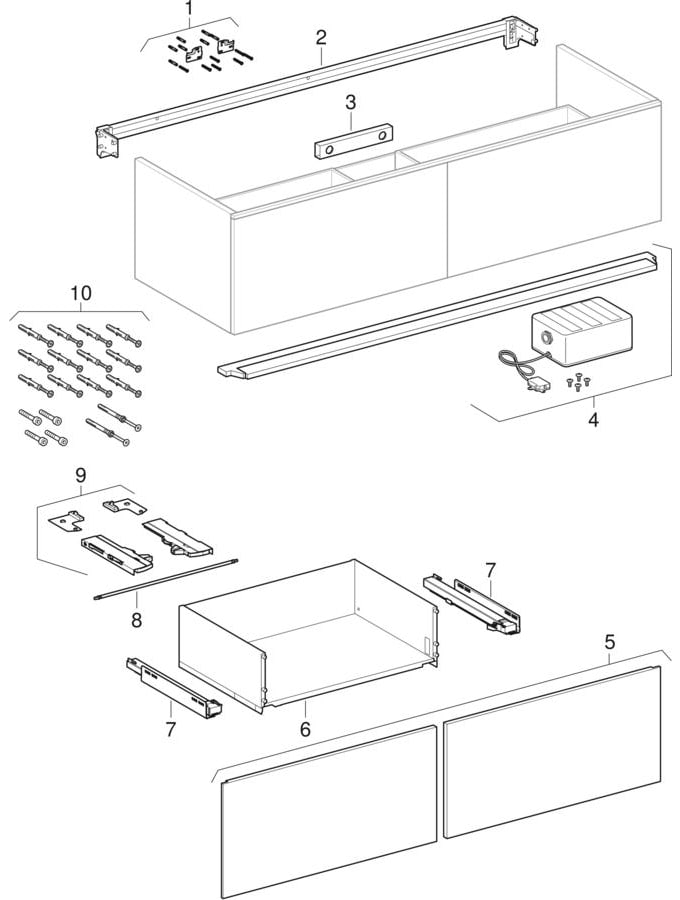 Xeno² Unterschrank für Waschtisch aus Mineralwerkstoff, mit zwei Schubladen: B=139.5cm, H=35cm, T=47.3cm, greige / lackiert matt