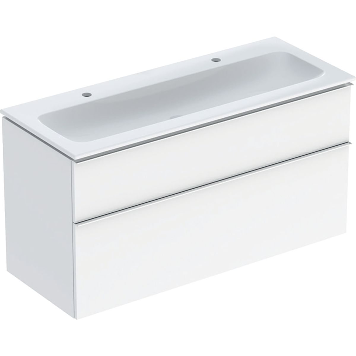 iCon Set Möbelwaschtisch schmaler Rand, mit Unterschrank, zwei Schubladen und Waschbeckenanschluss: B=120cm, H=63cm, T=48cm, weiß, weiß / lackiert hochglänzend, hoch-glanzverchromt