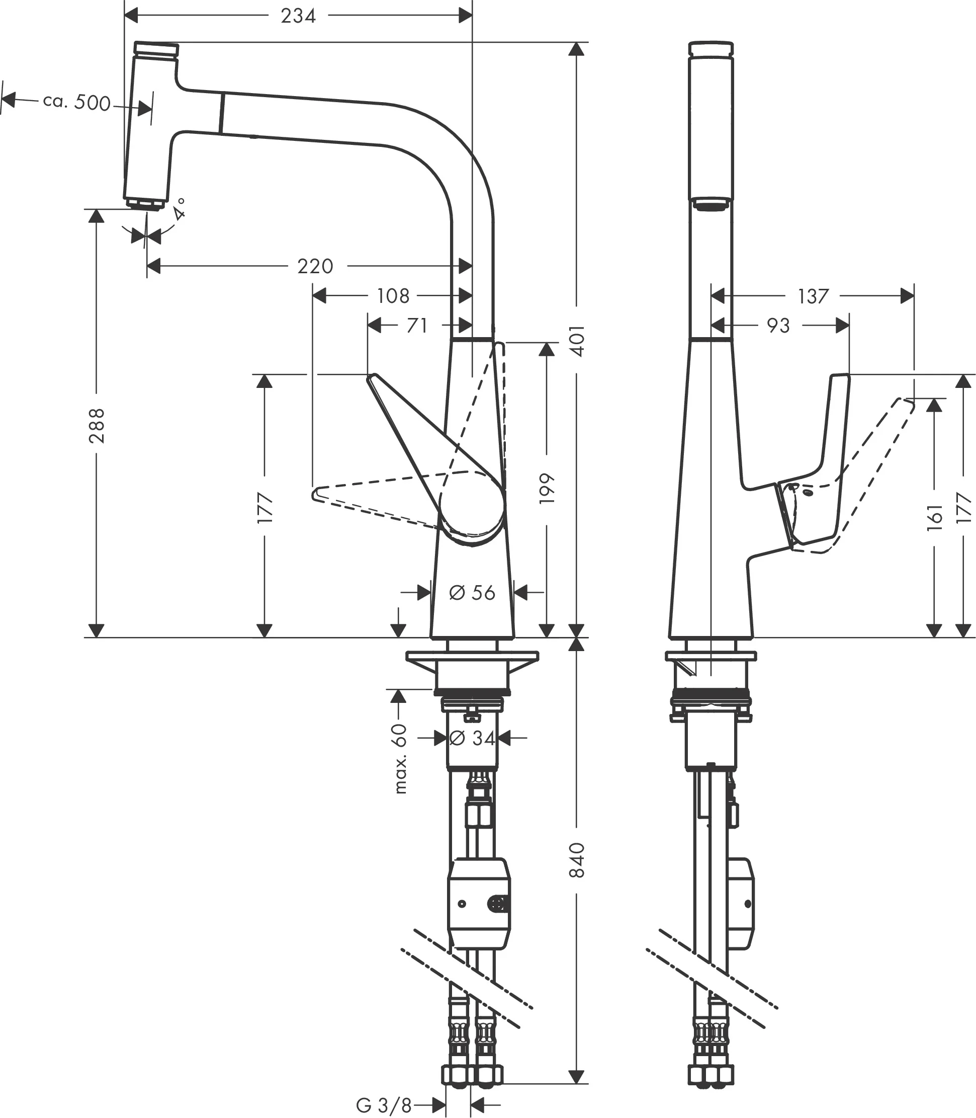 Hansgrohe Talis Select M51 Einhebel-Küchenmischer 300 mit Ausziehauslauf, 1 Jet, Chrom, Schwenkbereich 110° oder 150°, max. Durchfluss 8 l/min, Keramikmischsystem