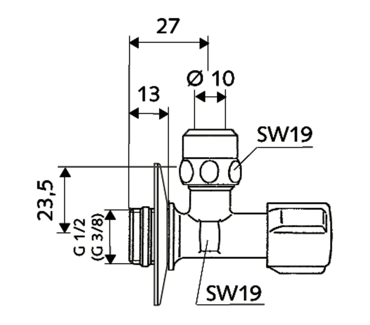Eckventil mit Regulierfunktion COMFORT, COMFORT-Griff, Rosette Ø 54 mm (Tiefe 3 mm), kiwa, DN 10 G 3/8 AG mit ASAG easy, Ø 10 mm (DN 10 G 3/8 AG), chrom