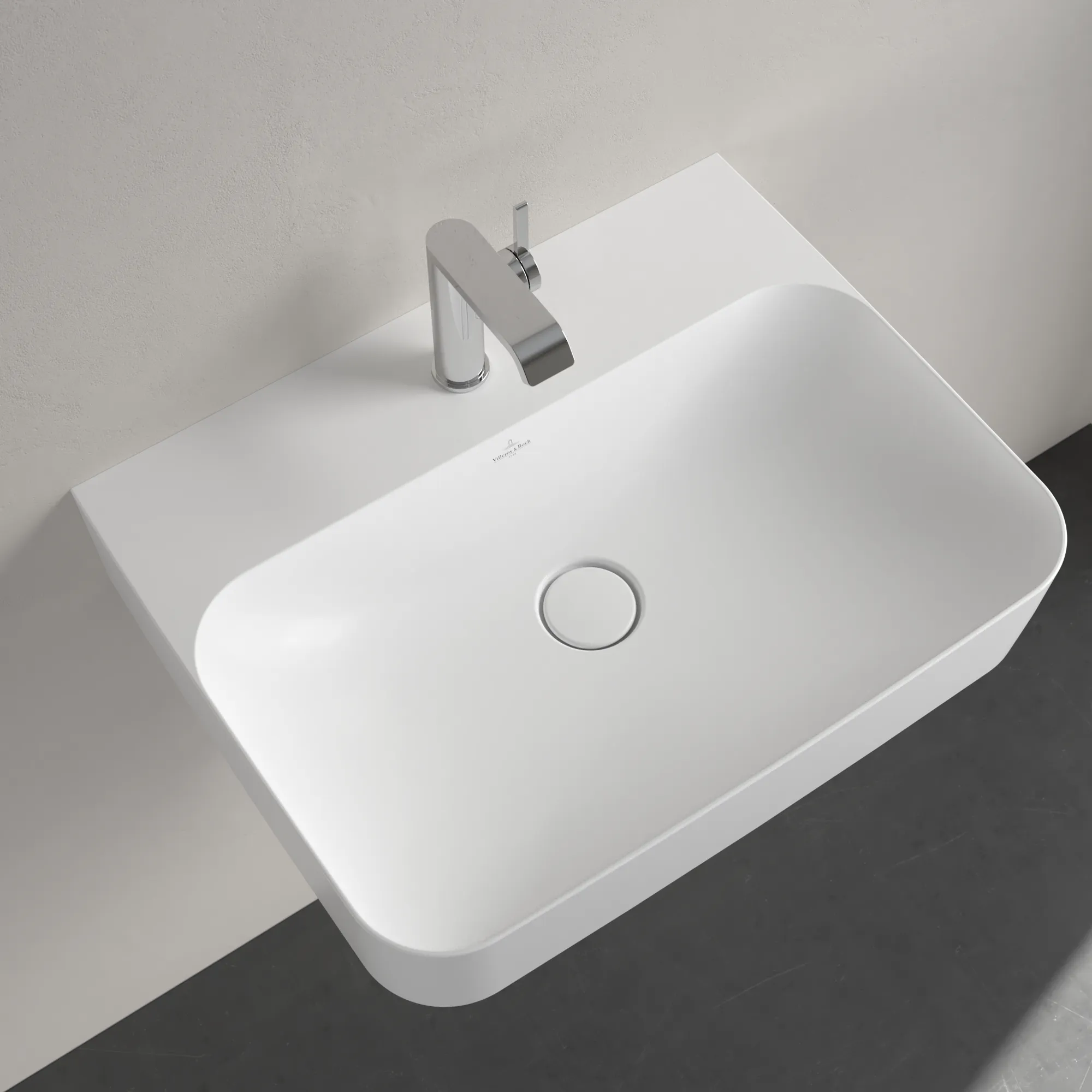 Villeroy & Boch Wandwaschtisch aus TitanCeram „Finion“ 600 × 470 × 164 mm, mit Hahnlochbohrung, Hahnlochposition mittig in Stone White, mit CeramicPlus