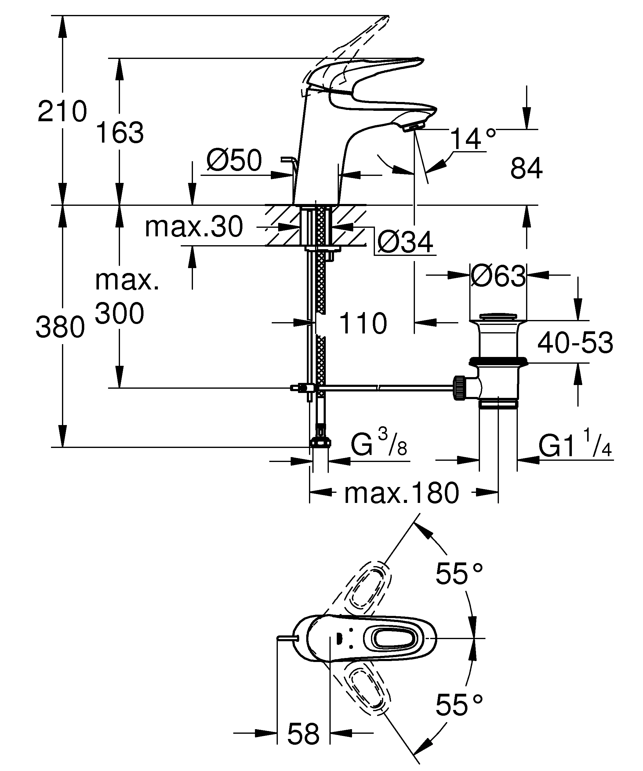 Einhand-Waschtischbatterie Eurostyle 23564_3, S-Size, Einlochmontage, offener Metall-Hebelgriff, Zugstangen-Ablaufgarnitur 1 1/4'', getrennte innenliegende Wasserwege – kein Kontakt mit Blei oder Nickel, chrom