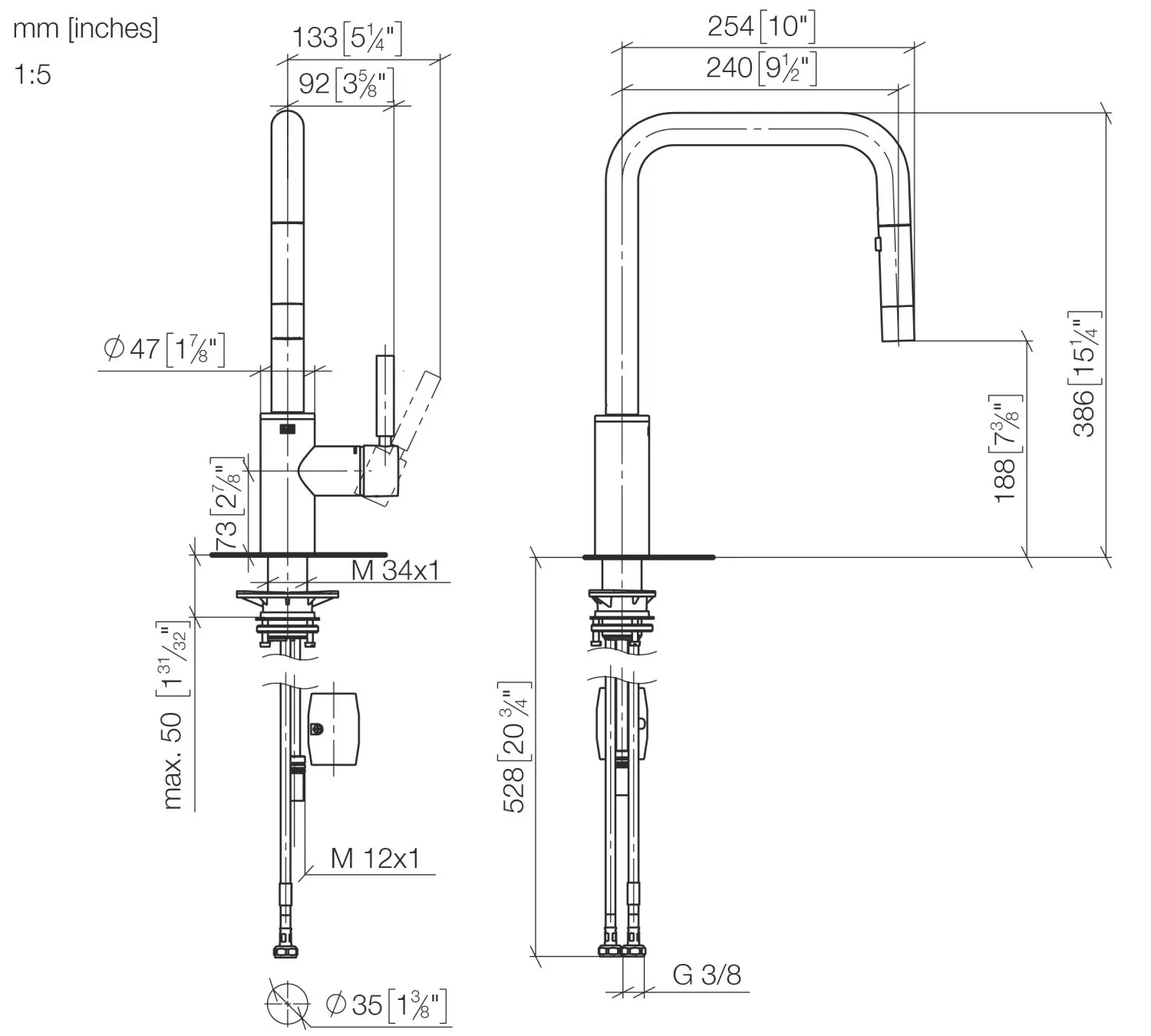 Dornbracht Einhebelmischer Pull-down META SQUARE Dark Brass gebürstet PVD, Ausladung 240 mm, schwenkbarer Auslauf 360°, Laminar- und Brausestrahl, Metallbrauseschlauch 1800 mm, Sprayface mit Antikalk-System