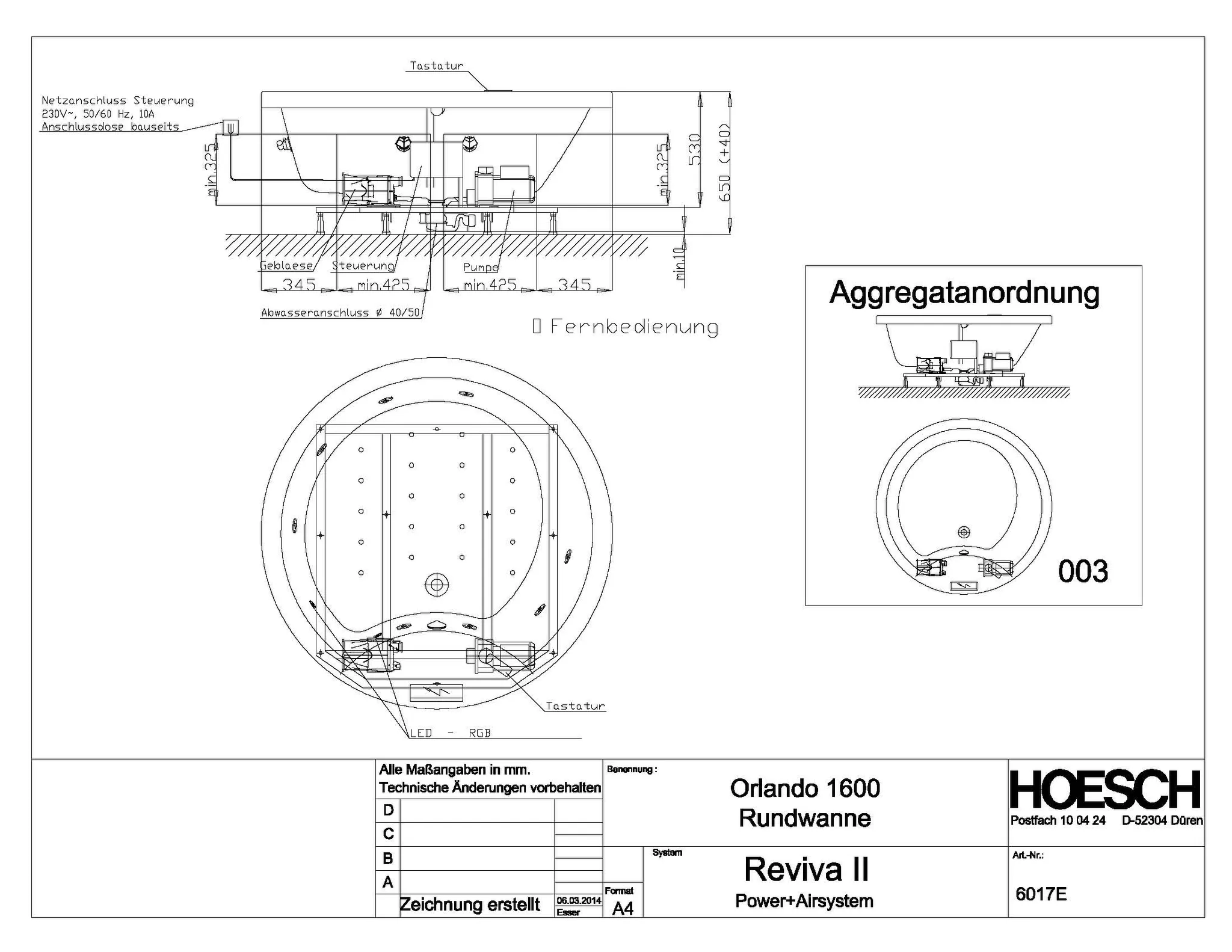 Hoesch Whirlwanne „Orlando“ mit Whirlsystem „Reviva II“ rund ⌀ 160 × 65 cm