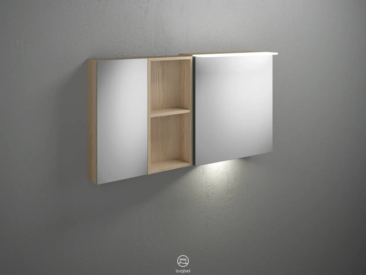 Badu Spiegelschrank SFUD120 von burgbad - 310 mm tief, 1.200 mm breit, 665 mm hoch, beidseitig verspiegelt mit LED-Aufsatzleuchte und Waschtischbeleuchtung Badu Spiegelschrank SFUD120 von burgbad - 310 mm tief, 1.200 mm breit, 665 mm hoch, beidseitig verspiegelt mit LED-Aufsatzleuchte und Waschtischbeleuchtung