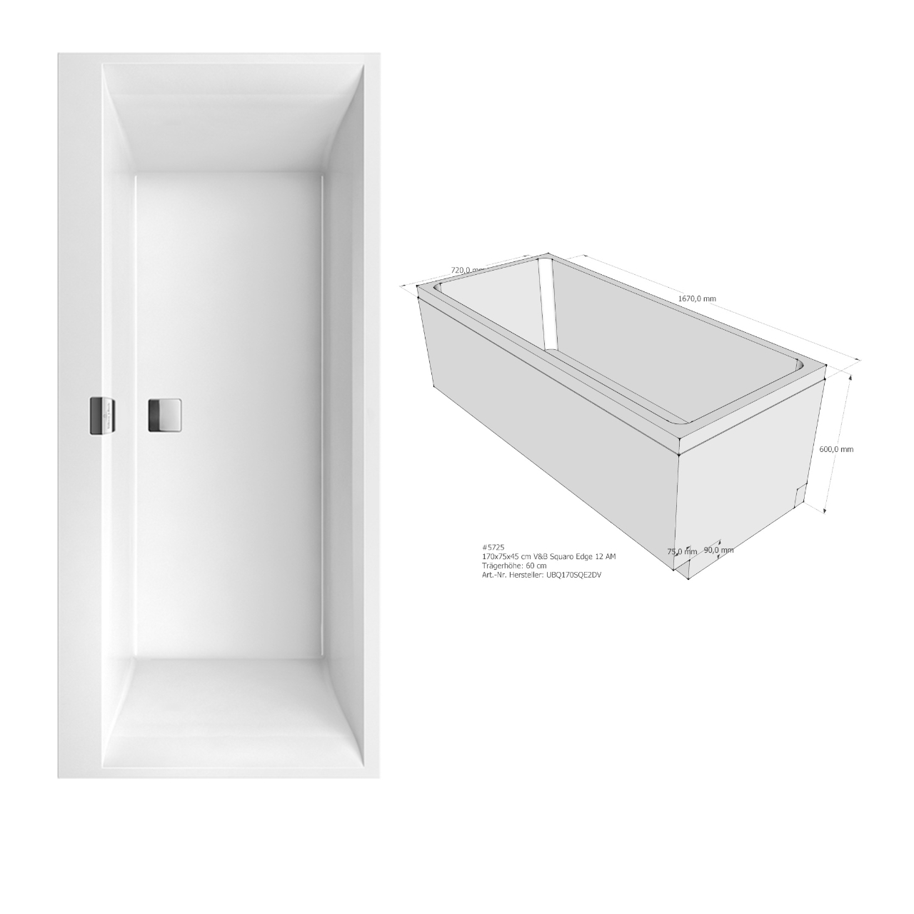 Set- Villeroy & Boch Badewanne „Squaro Edge 12“ rechteck 170 × 75 cm, Mittelablauf, mit Badewannenträger Set- Villeroy & Boch Badewanne „Squaro Edge 12“ rechteck 170 × 75 cm, Mittelablauf, mit Badewannenträger