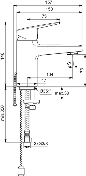 Waschtischarmatur Ceraplan H75 mit Kette ohne Ablaufgarnitur Ausladung 104mm Chrom