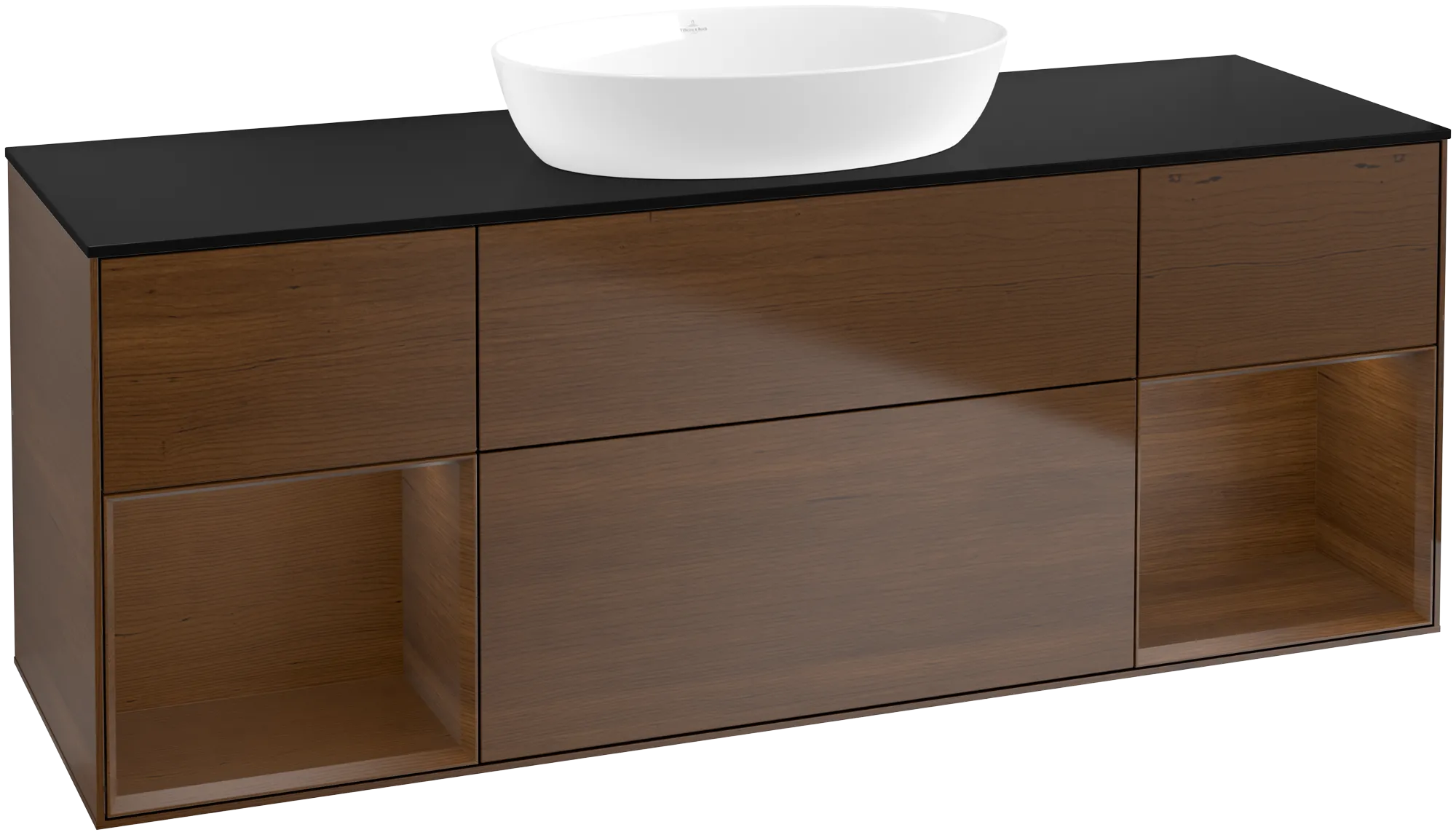 Villeroy & Boch Finion Waschbeckenunterschrank FD0, 1600 x 603 x 501 mm, mit Beleuchtung, Walnut Veneer / Glass Black Matt