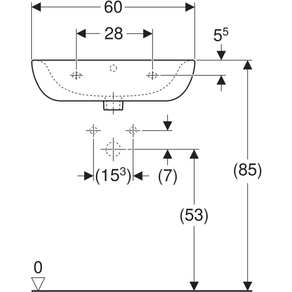 Wandwaschtisch „Renova“, mit Überlauf, Hahnlochposition mittig 60 × 49 cm in manhattan