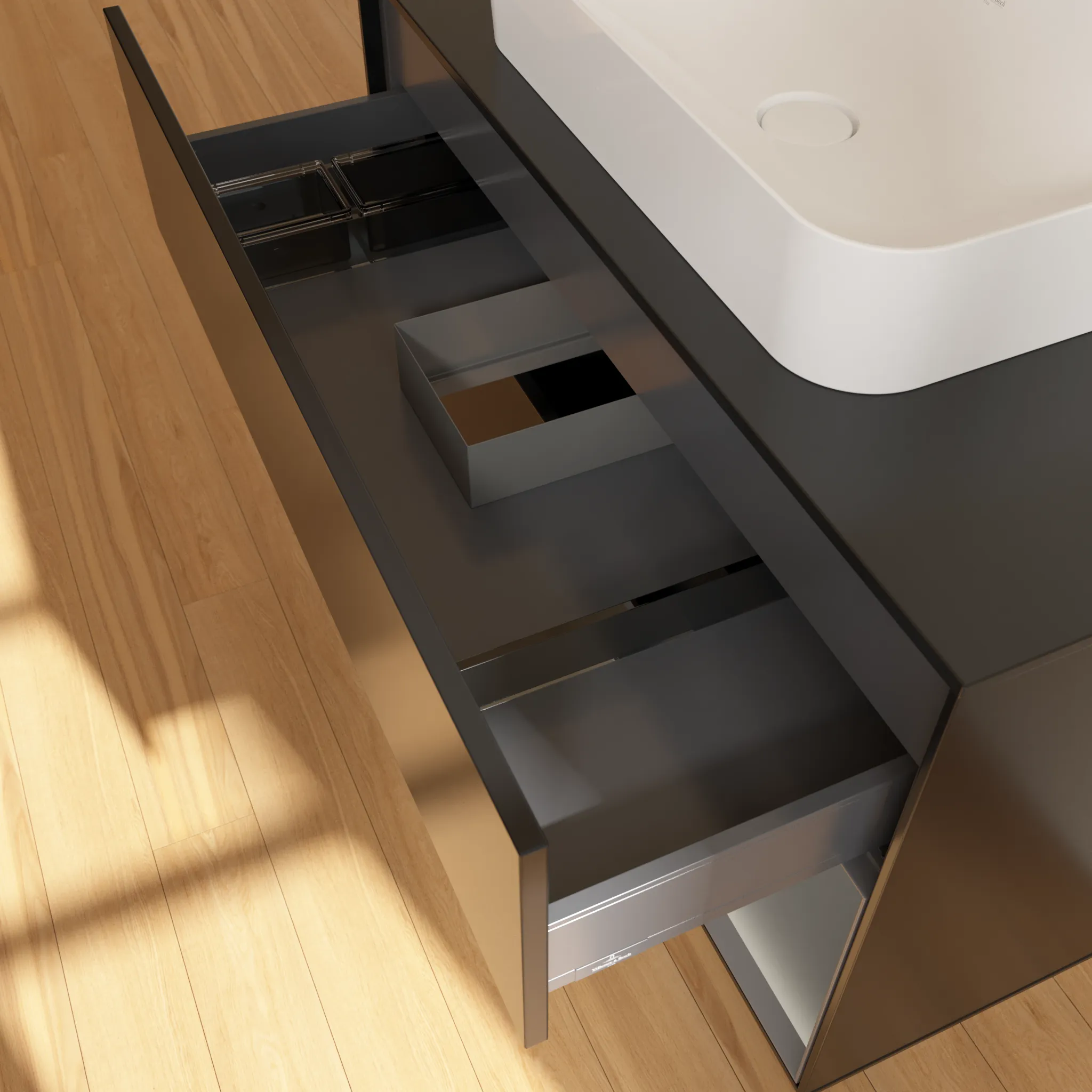Villeroy & Boch Waschbeckenunterschrank Finion F25, 1000 x 603 x 501 mm, Black Matt Lacquer, mit Beleuchtung und Push-to-open Funktion Villeroy & Boch Waschbeckenunterschrank Finion F25, 1000 x 603 x 501 mm, Black Matt Lacquer, mit Beleuchtung und Push-to-open Funktion