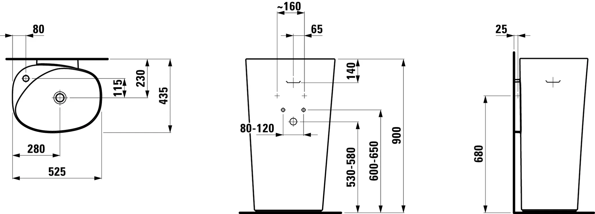 Waschtisch mit integrierter Säule PALOMBA 435x525x900 1 Hahnloch ohne Überlauf weiß