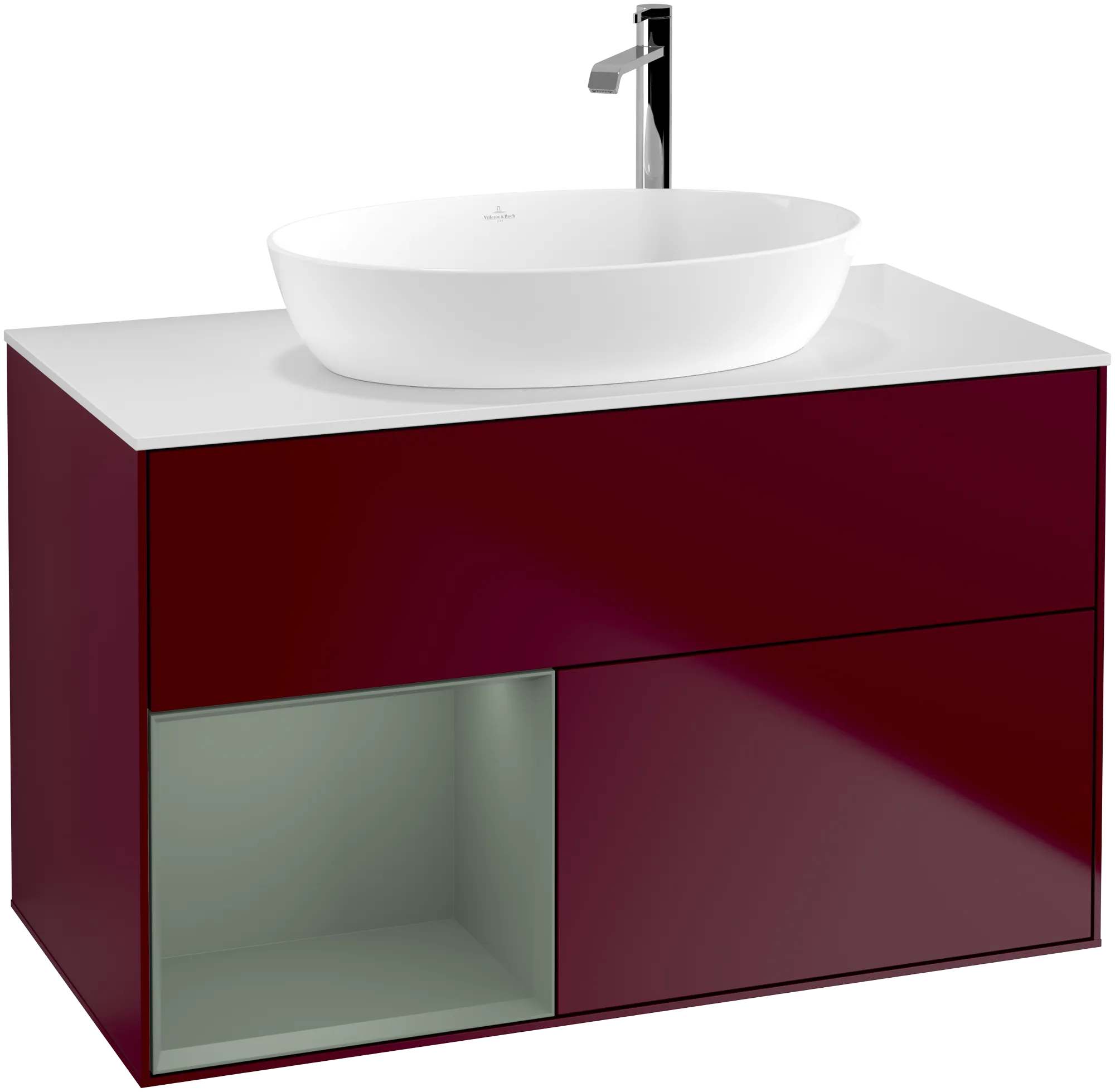 Villeroy & Boch Finion Waschbeckenunterschrank F89, 1000x603x501mm, Beleuchtung, 2 Auszüge, Peony Matt Lacquer / Olive Matt Lacquer / Glass White Matt