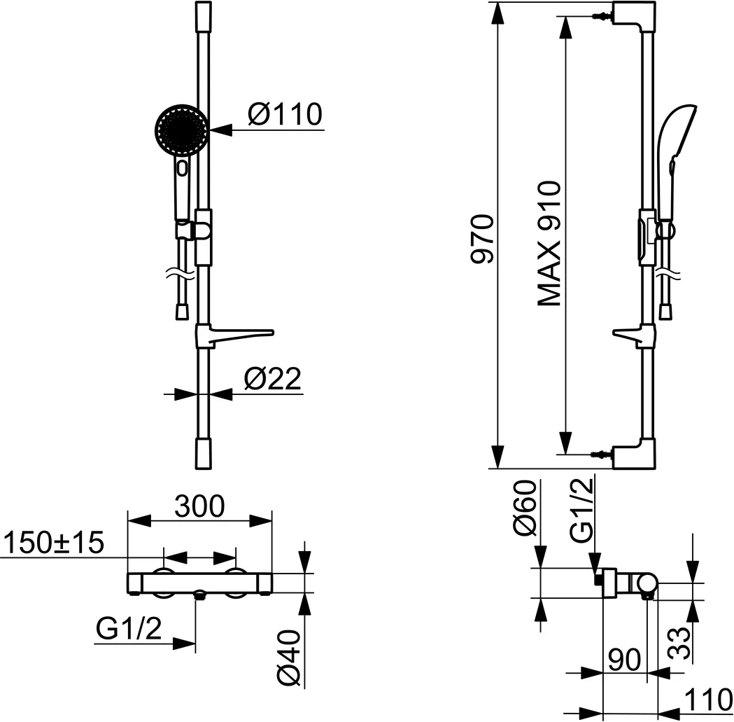 HansaPRISMA Duscharmatur, Wandmontage, Thermostat, Bronze gebürstet, 970 mm