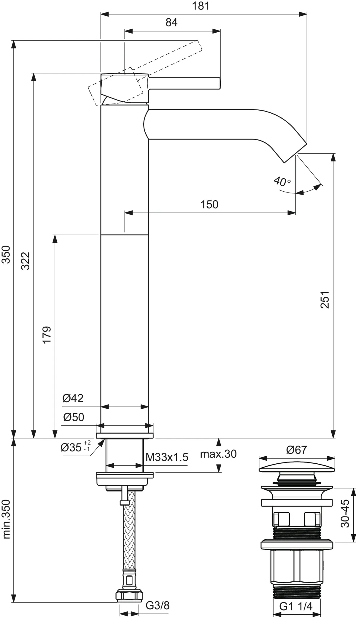 Waschtischarmatur Ceraline mit Push-Open Ausladung 150mm Silk Black Waschtischarmatur Ceraline mit Push-Open Ausladung 150mm Silk Black