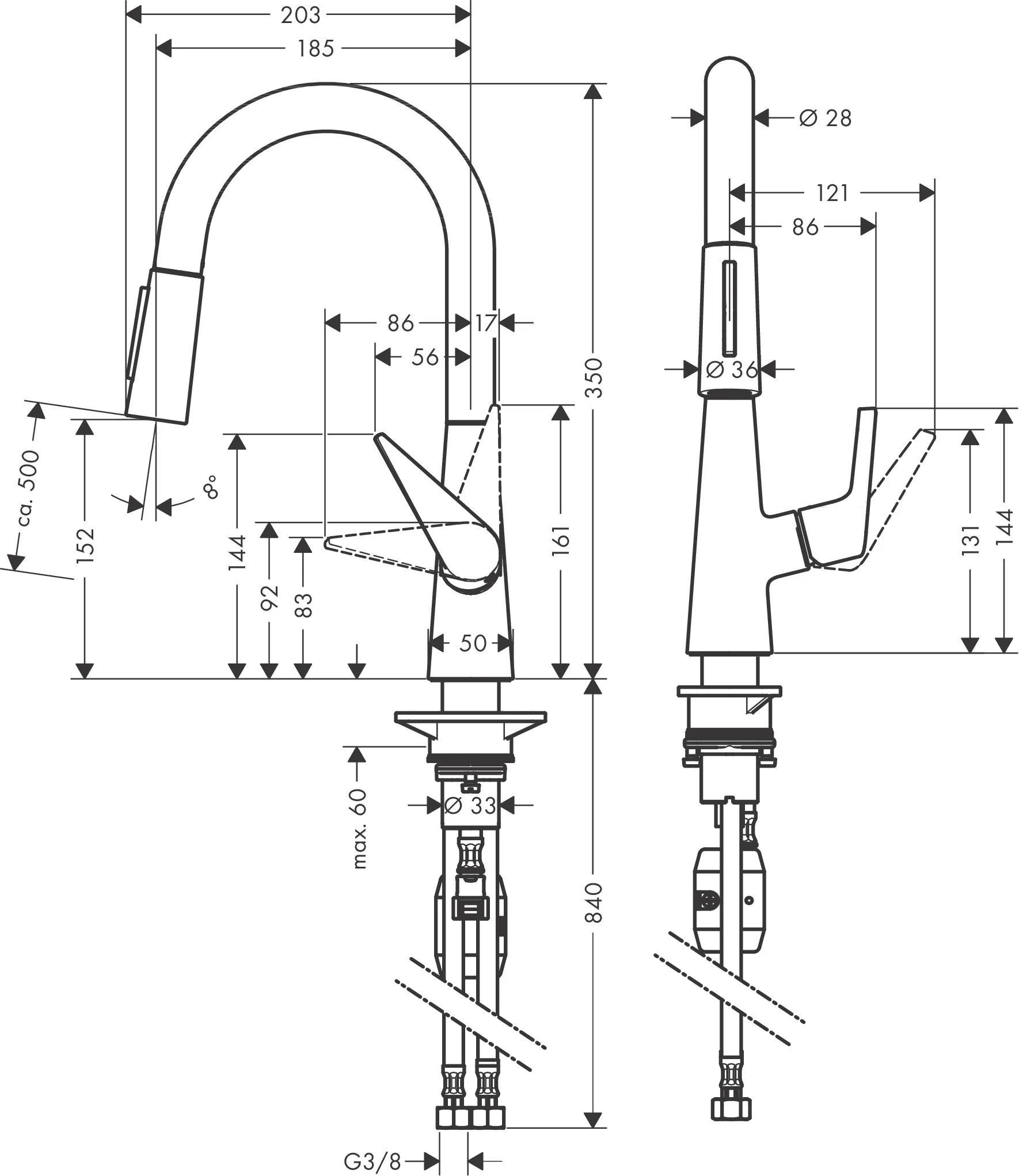 Hansgrohe Talis M51 Einhebel-Küchenmischer 160 mit Ausziehbrause 2jet Edelstahl, Schwenkbereich 110° oder 150°, Laminarstrahl und Brausestrahl, arretierbar, MagFit magnetische Brausehalterung, Quick-Connect Schlauch, max. Durchflussmenge 9 l/min bei 3 ba