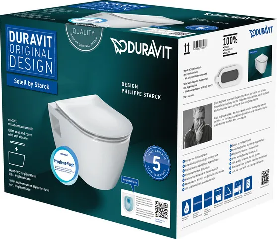 Duravit Wand-Tiefspül-WC inkl. WC-Sitz „Soleil by Starck“ 37 × 54 × 40 cm, Befestigung verdeckt, ohne Spülrand