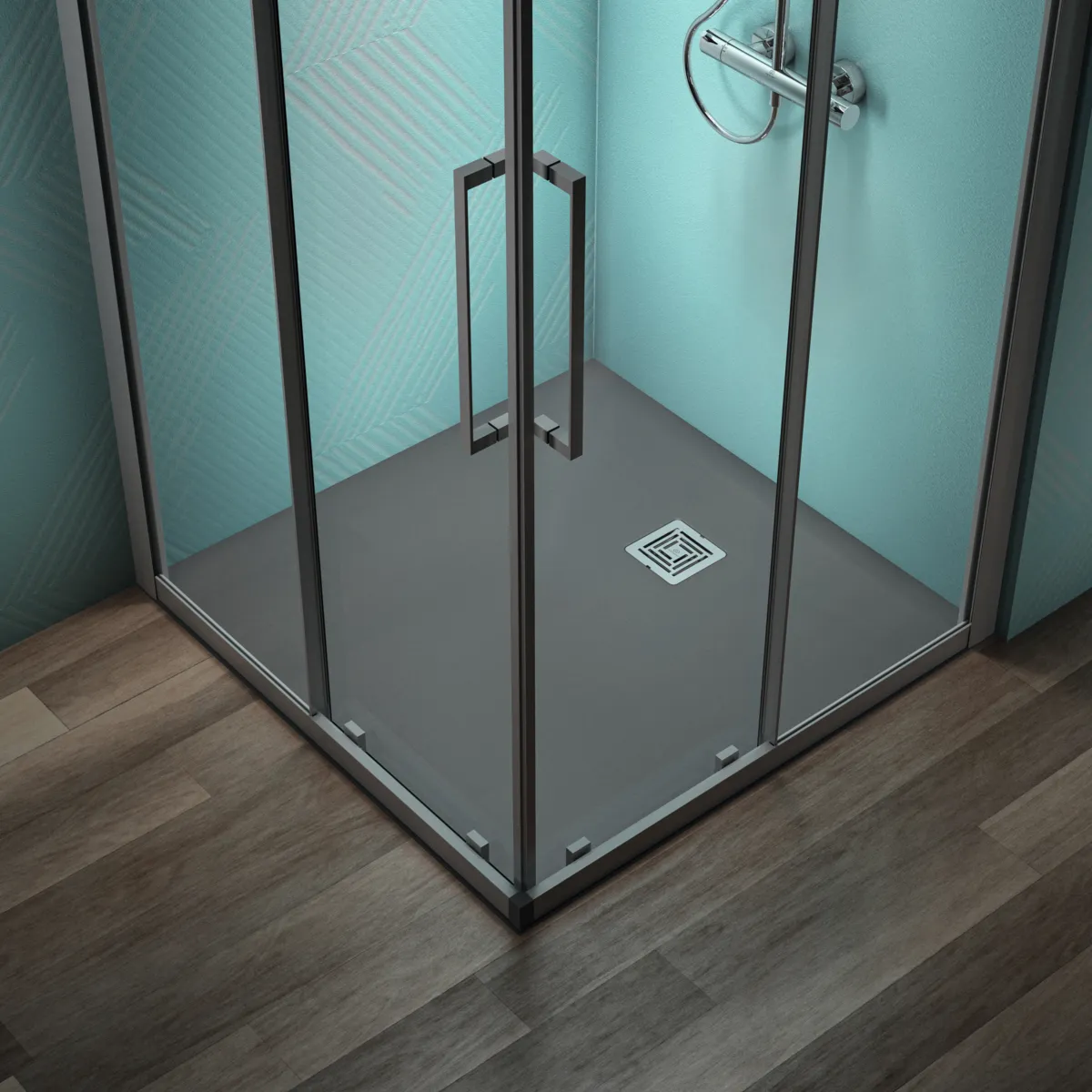 Ideal Standard Quadrat-Brausewanne Ultra Flat S +, 1000x1000 mm, 30 mm Höhe, Quarzgrau, mit Edelstahl-Ablaufabdeckung, antirutsch nach DIN EN 51097 Klasse C