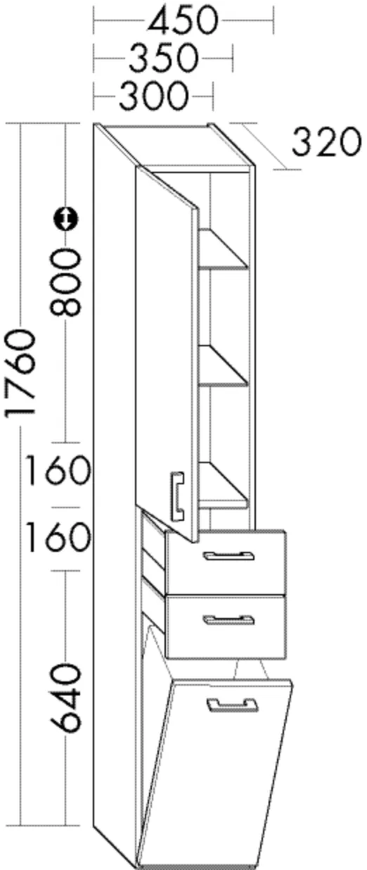 Hochschrank, 1 Tür;2 Schubladen;1 Wäschekippe;2 Glaseinlegeböden;2 feste Böden, Tiefe: 320 mm, Breite: 350 mm, Höhe: 1760 mm Hochschrank, 1 Tür;2 Schubladen;1 Wäschekippe;2 Glaseinlegeböden;2 feste Böden, Tiefe: 320 mm, Breite: 350 mm, Höhe: 1760 mm