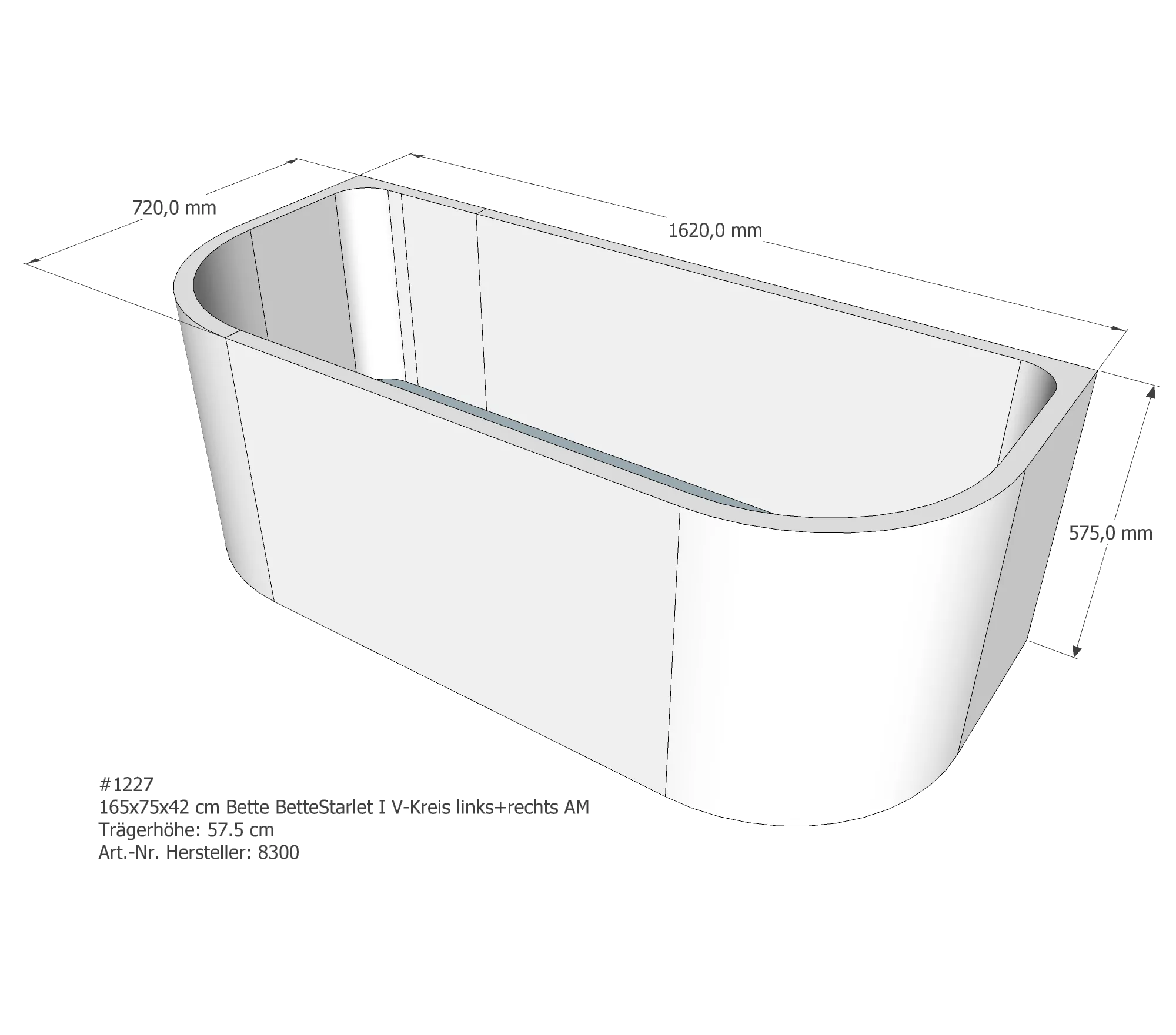 Badewannenträger für Bette Starlet I links 165 × 75 × 42 cm Ausführung: rechts / Breite: 75 cm / Länge: 165 cm
