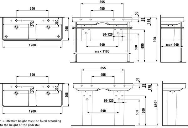 Doppelwaschtisch PRO S 465x1200x175 1 Hahnloch je Becken mit Überlauf weiß Doppelwaschtisch PRO S 465x1200x175 1 Hahnloch je Becken mit Überlauf weiß