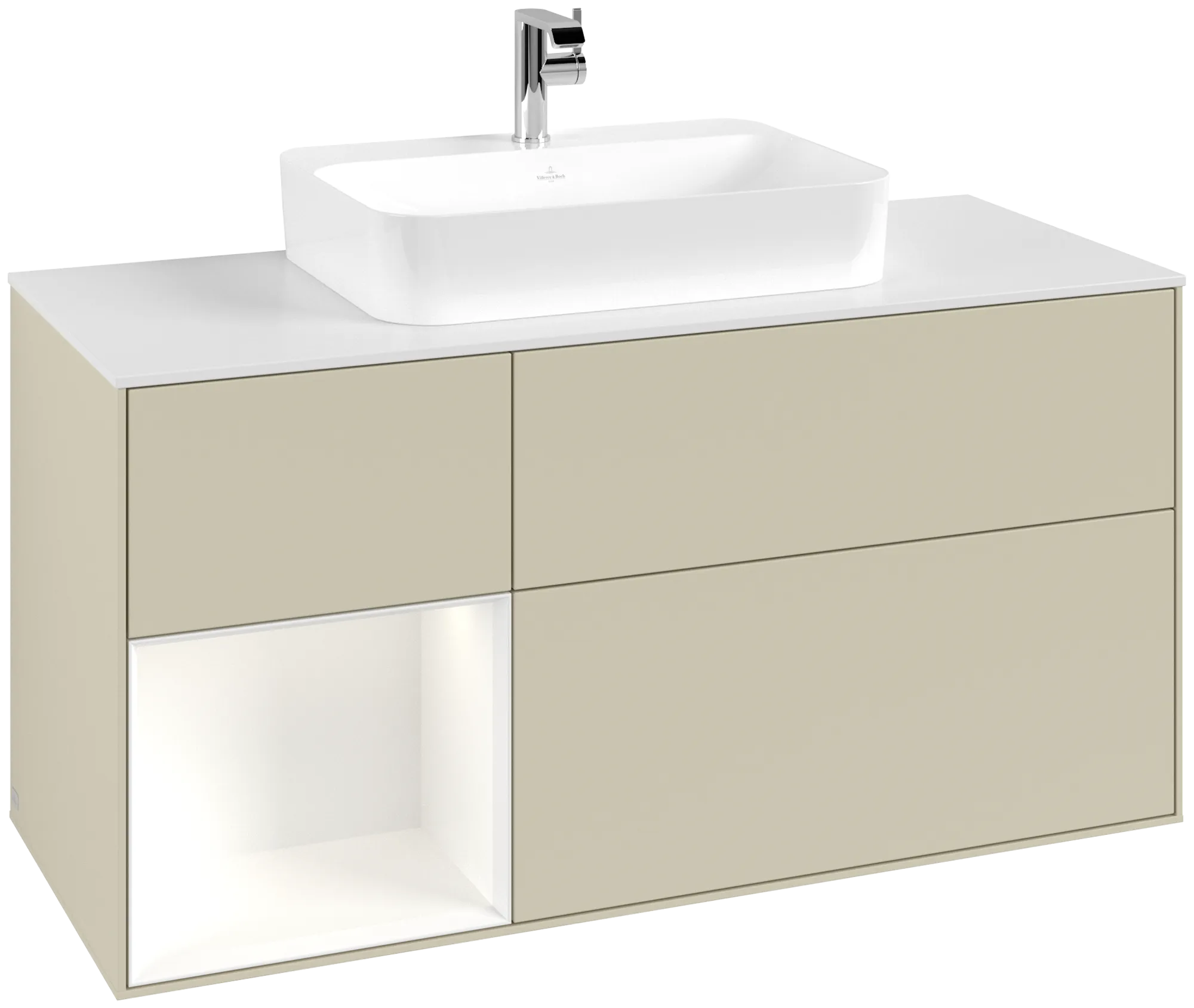 Villeroy & Boch Finion Waschbeckenunterschrank F41, 1200x603x501mm, Silk Grey Matt Lacquer / White Matt Lacquer / Glass White Matt