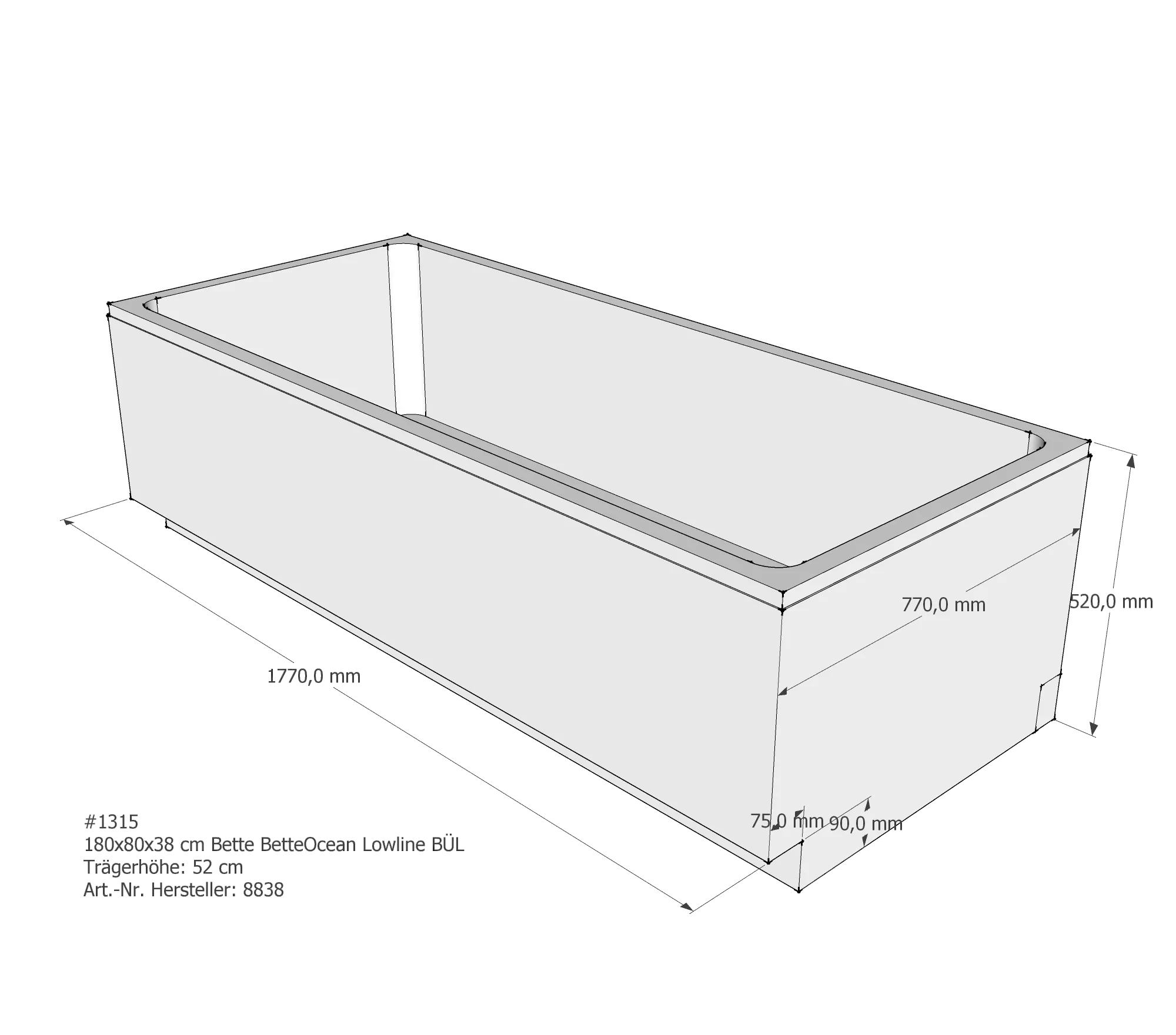 Badewannenträger für Bette Ocean Lowline 180 × 80 × 38 cm