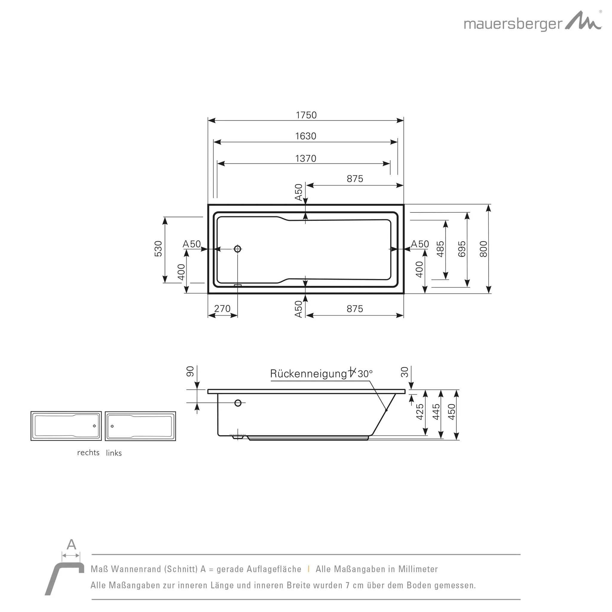 Mauersberger Acryl-Badewanne jatro 175⁄80