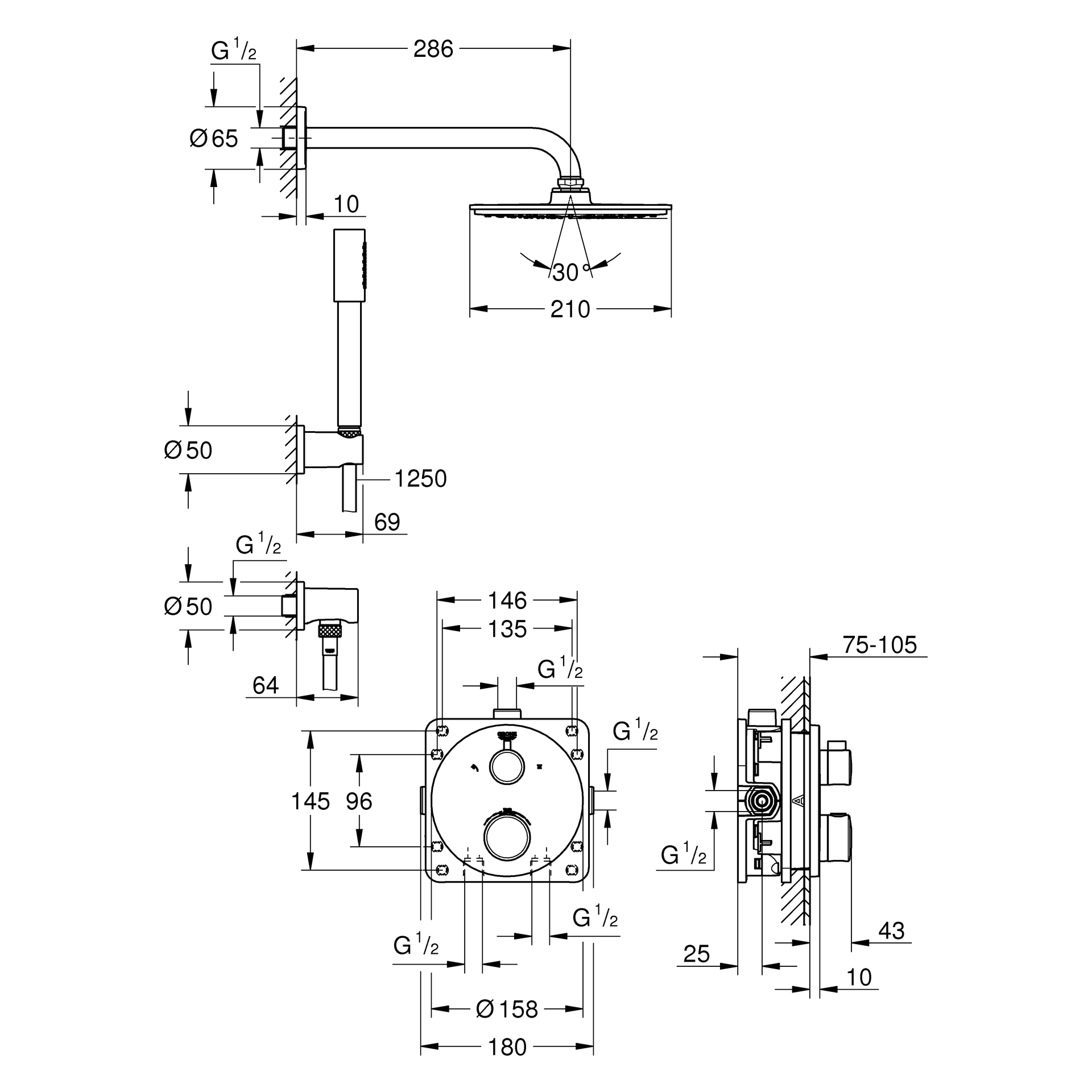 Duschsystem Unterputz Grohtherm 34732, mit Grohtherm Thermostat mit integrierter 2-Wege-Umstellung, Rainshower Cosmopolitan 210 Metall-Kopfbrause, runde Rosette, chrom
