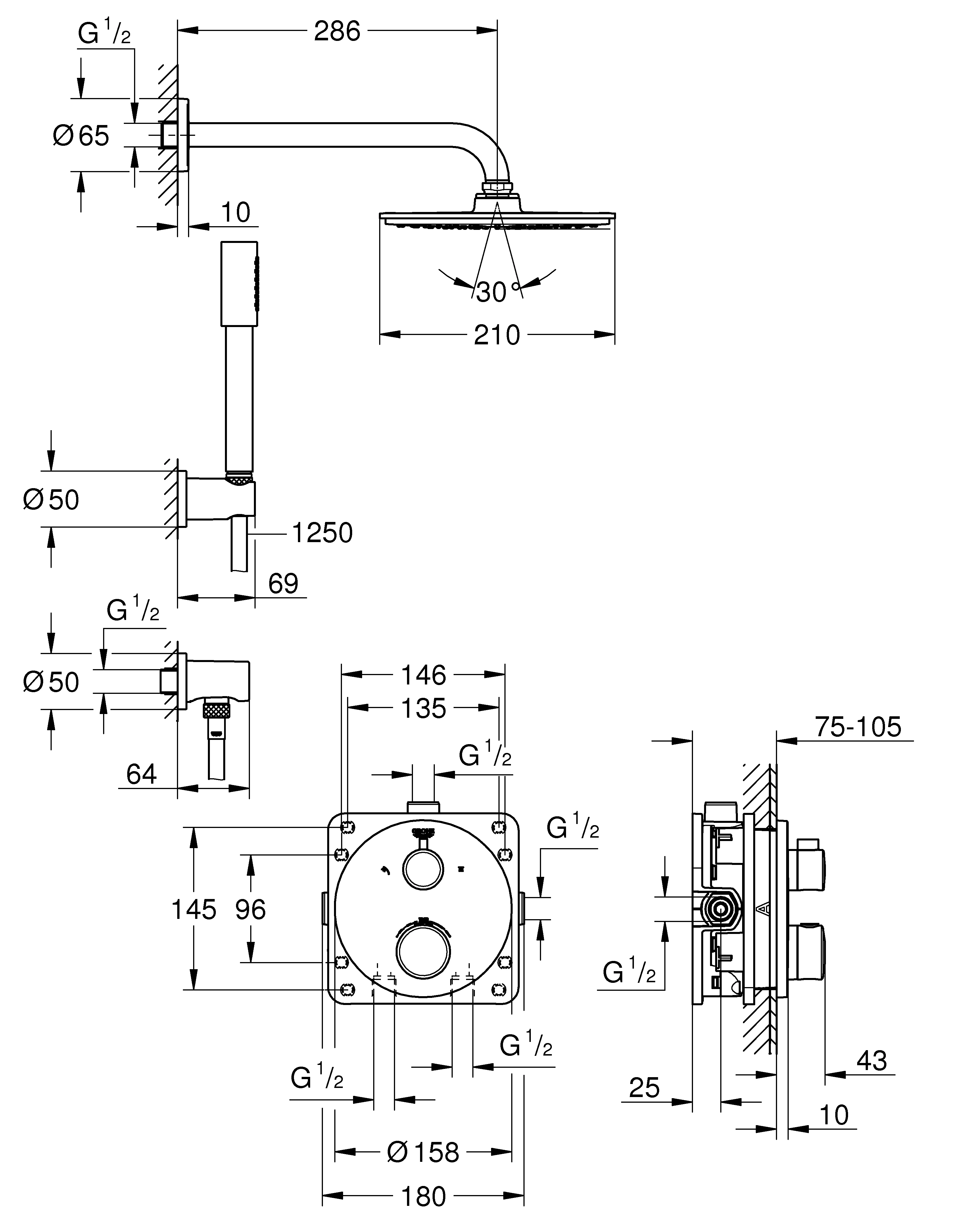 Duschsystem Unterputz Grohtherm 34732, mit Grohtherm Thermostat mit integrierter 2-Wege-Umstellung, Rainshower Cosmopolitan 210 Metall-Kopfbrause, runde Rosette, chrom