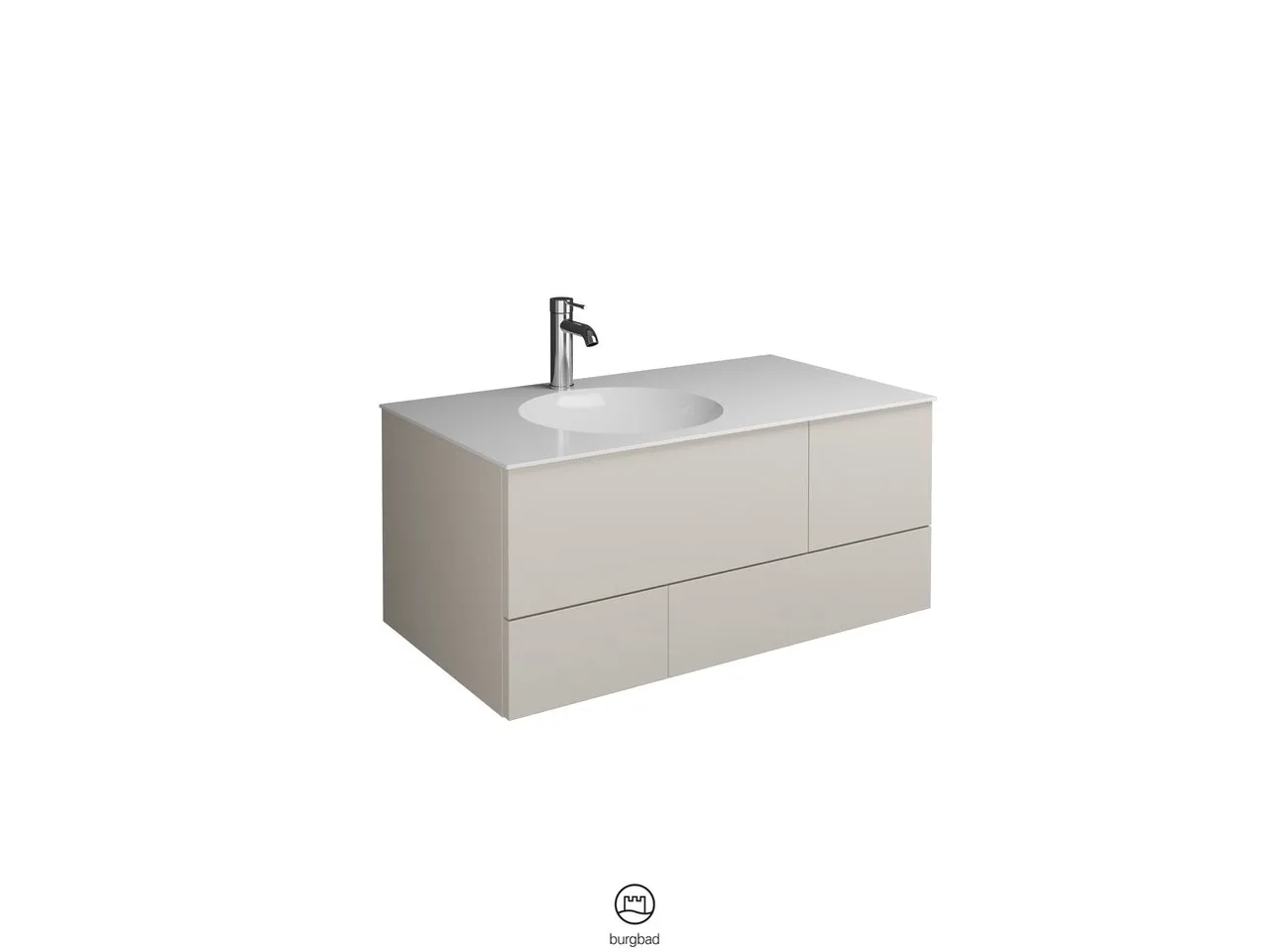 Coco Mineralguss-Waschtisch inkl. Waschtischunterschrank, 90 x 370 mm Muldentiefe, 1 Schublade oben mit Siphonausschnitt, 1 Schublade unten, 1 Metallbox, inkl. burgbad cleanFlow, H: 406 mm, B: 906 mm, T: 505 mm