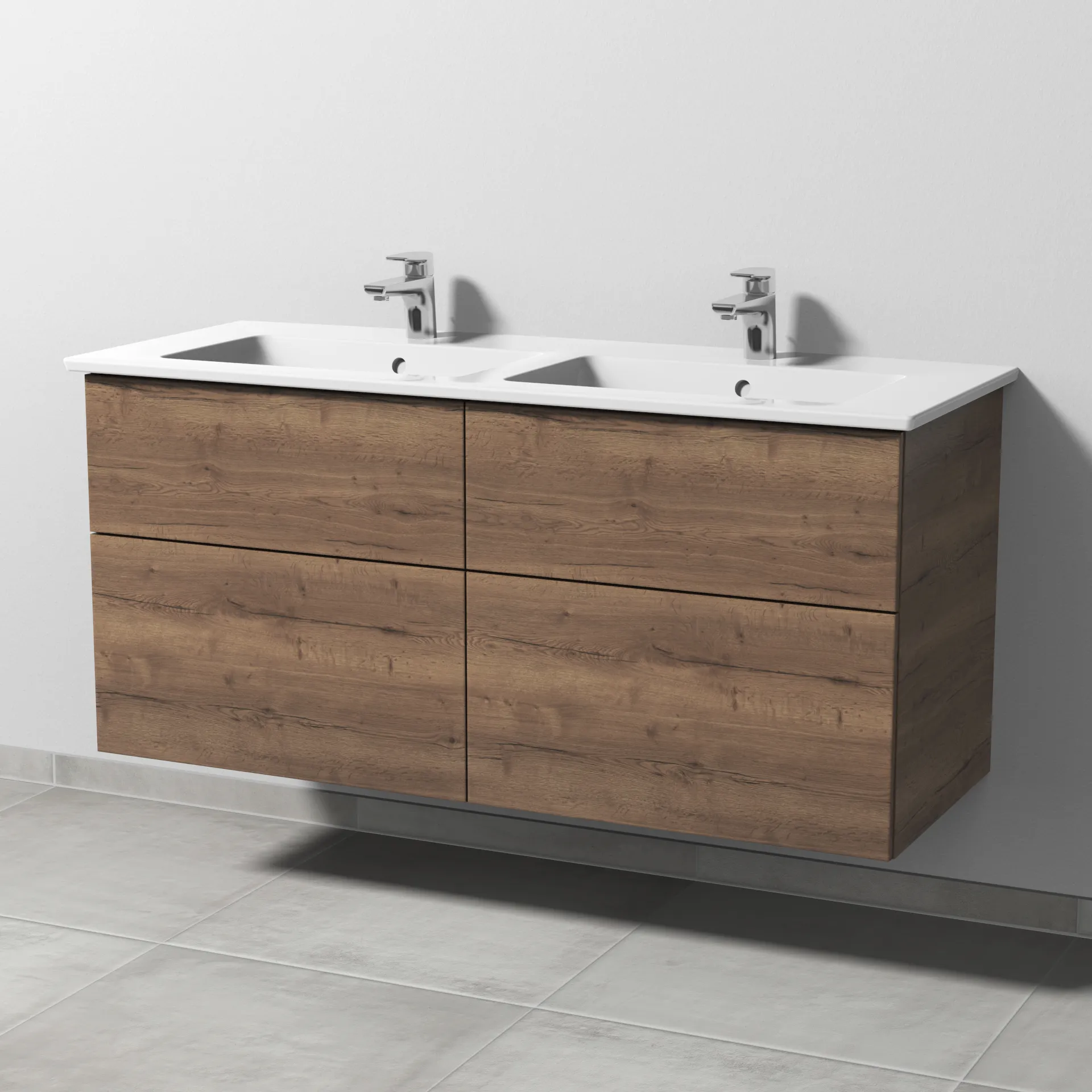 Keramik-Waschtisch-Set mit Waschtischunterschrank „3way“ 125,5 × 47,7 × 59,1 cm in Eiche Tabak, mit Hahnlochbohrung, Becken links und rechts